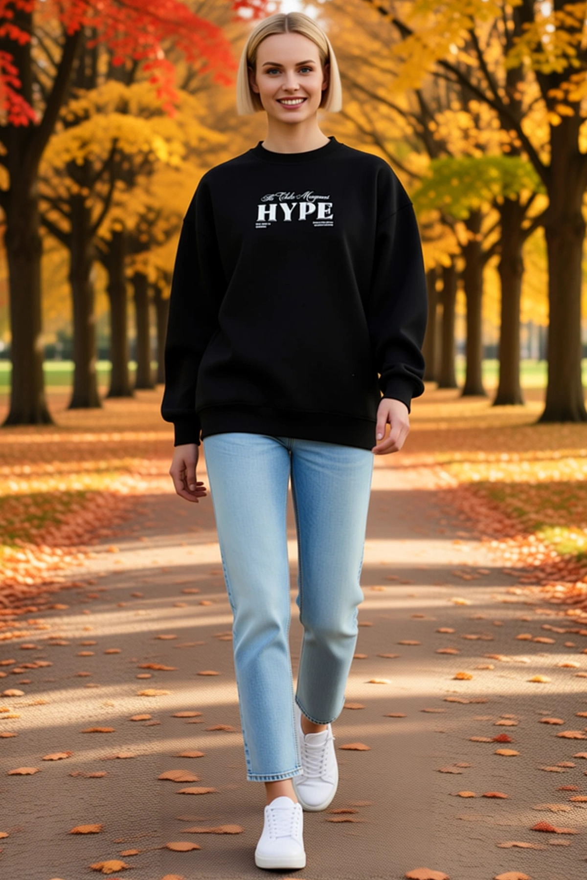 Kadın Üç İplik Bisiklet Yaka Baskılı Sweatshirt Önü HYPE Yazılı Düşük Omuz Oversize Kalıp Günlük