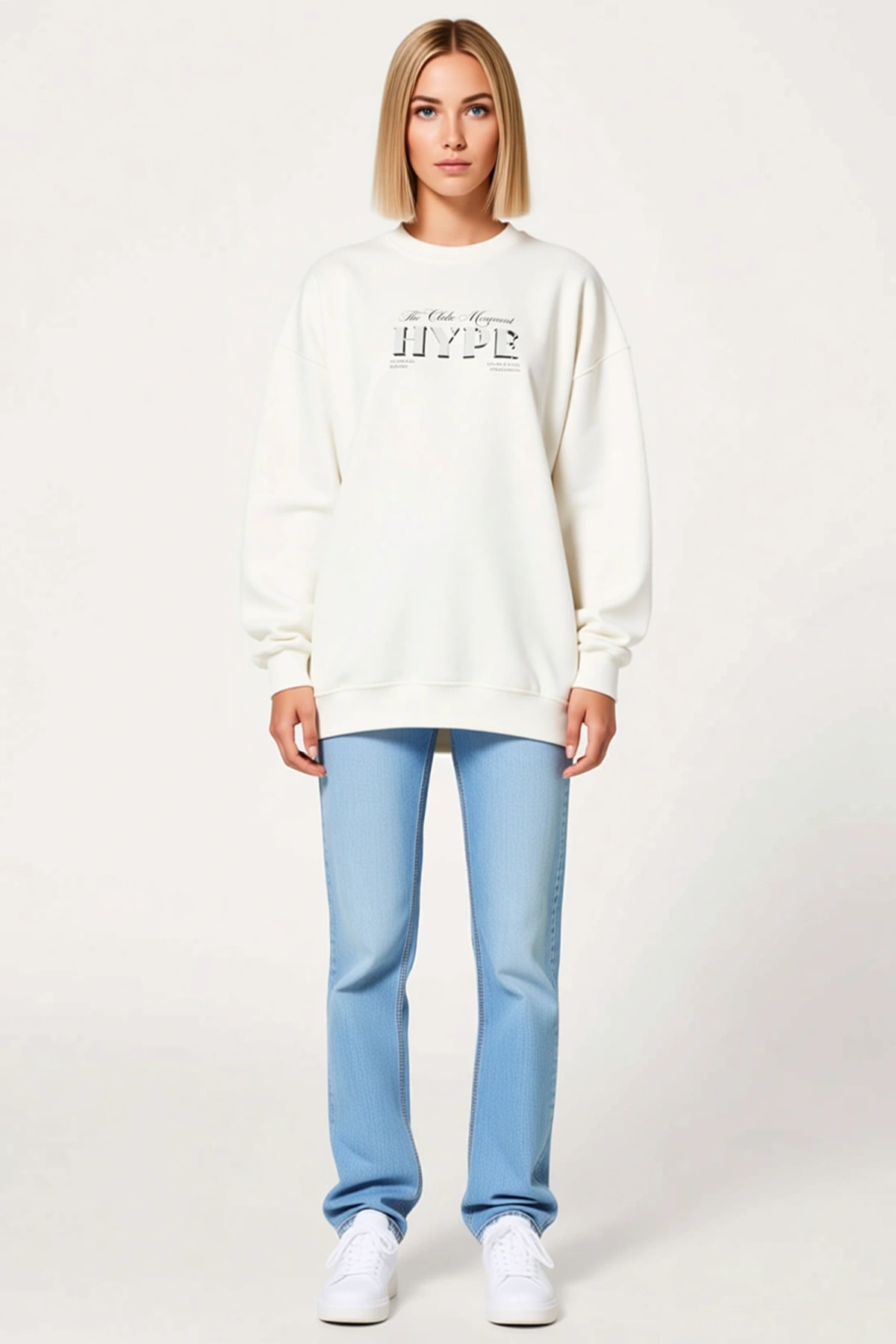 Kadın Üç İplik Bisiklet Yaka Baskılı Sweatshirt Sırtı Halı Motifli Düşük Omuz Oversize Rahat Kalıp