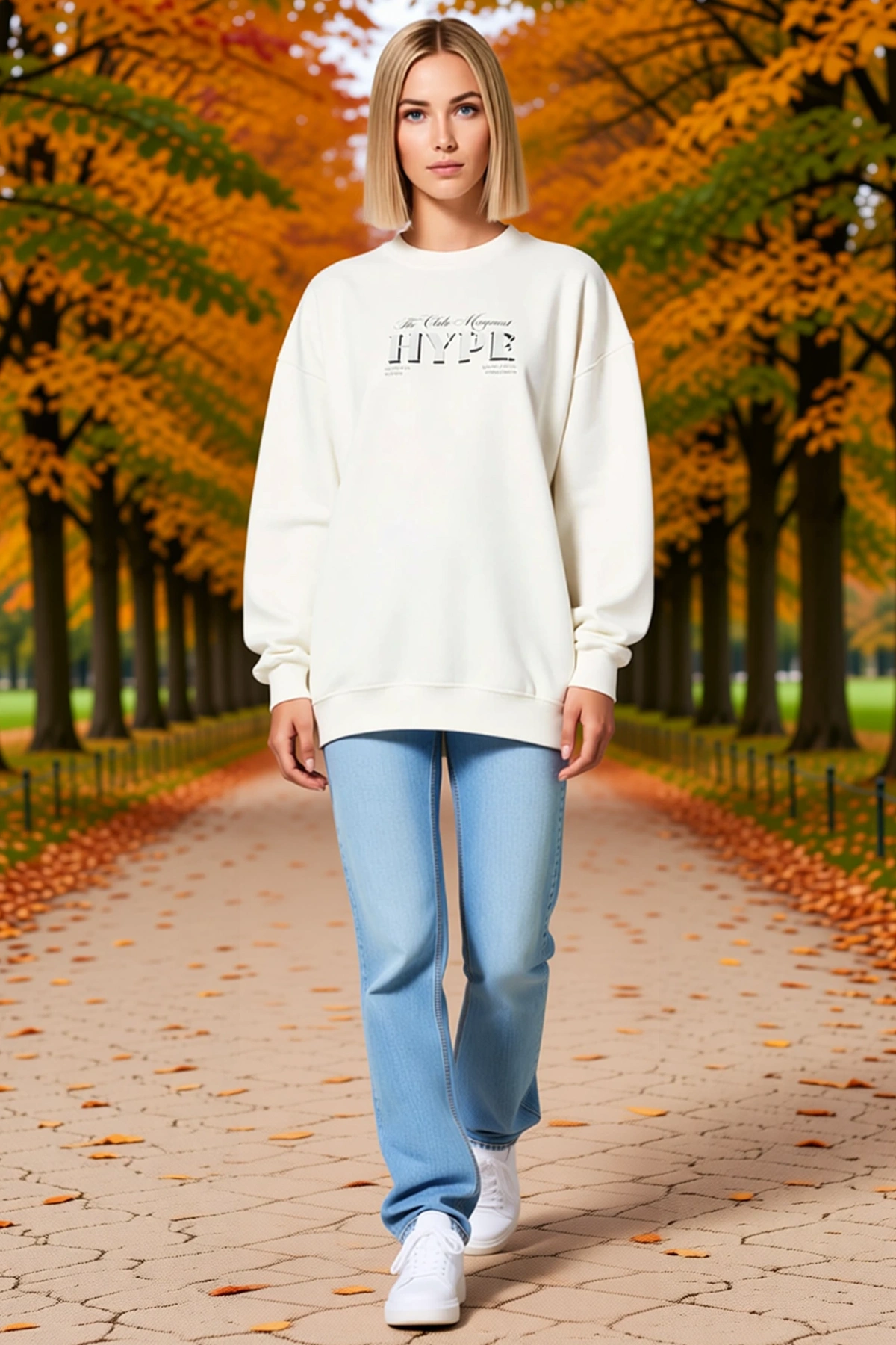 Kadın Üç İplik Bisiklet Yaka Baskılı Sweatshirt Sırtı Halı Motifli Düşük Omuz Oversize Rahat Kalıp