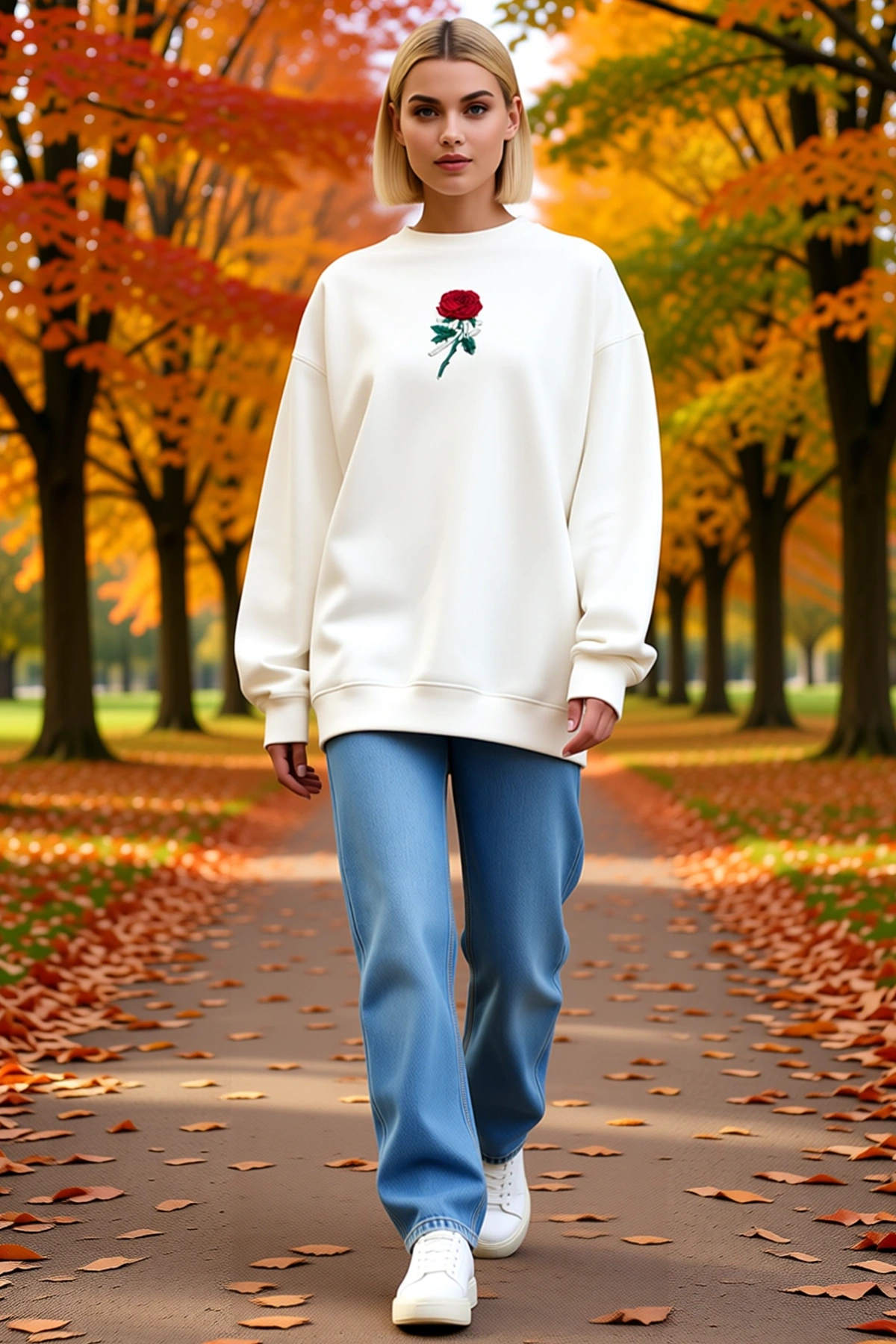 Kadın Oversize Üç İplik Bisiklet Yaka Sweatshirt Önü Gül Nakışlı Düşük Omuz Geniş Kol Rahat Kalıp