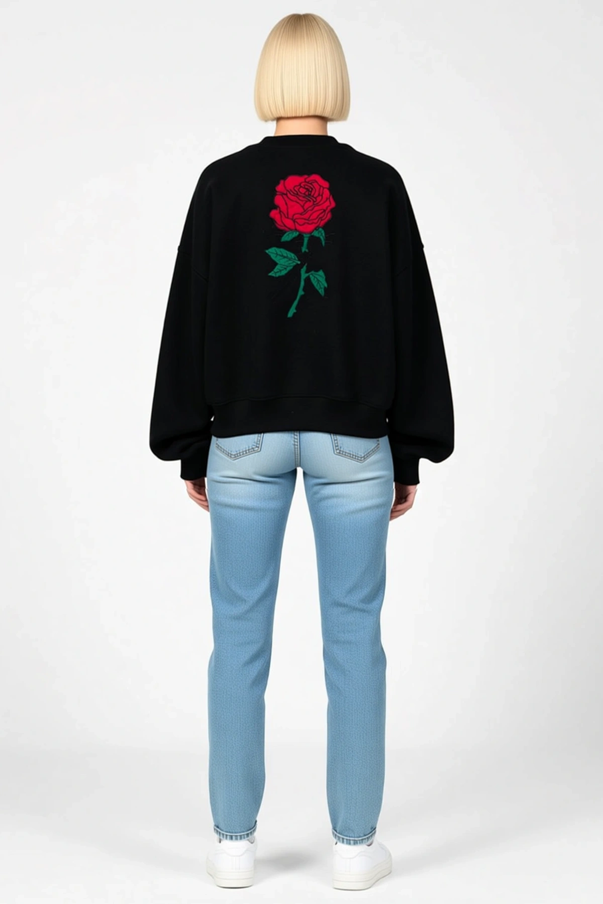 Kadın Üç İplik Oversize Bisiklet Yaka Sweatshirt Sırtı Gül Nakışlı Geniş Kol Düşük Omuz Kışlık Kalıp