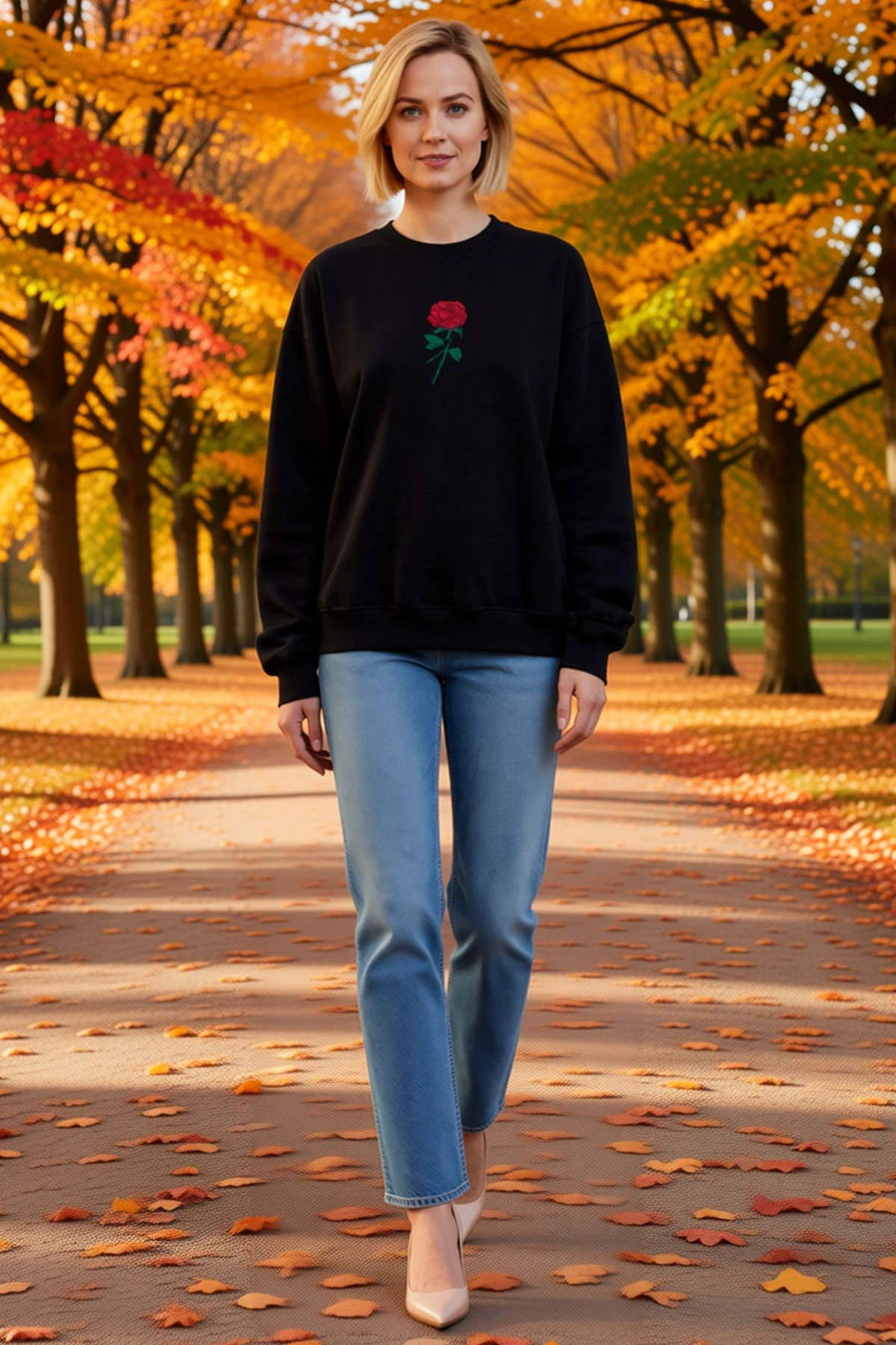 Kadın Üç İplik Oversize Bisiklet Yaka Sweatshirt Sırtı Gül Nakışlı Geniş Kol Düşük Omuz Kışlık Kalıp