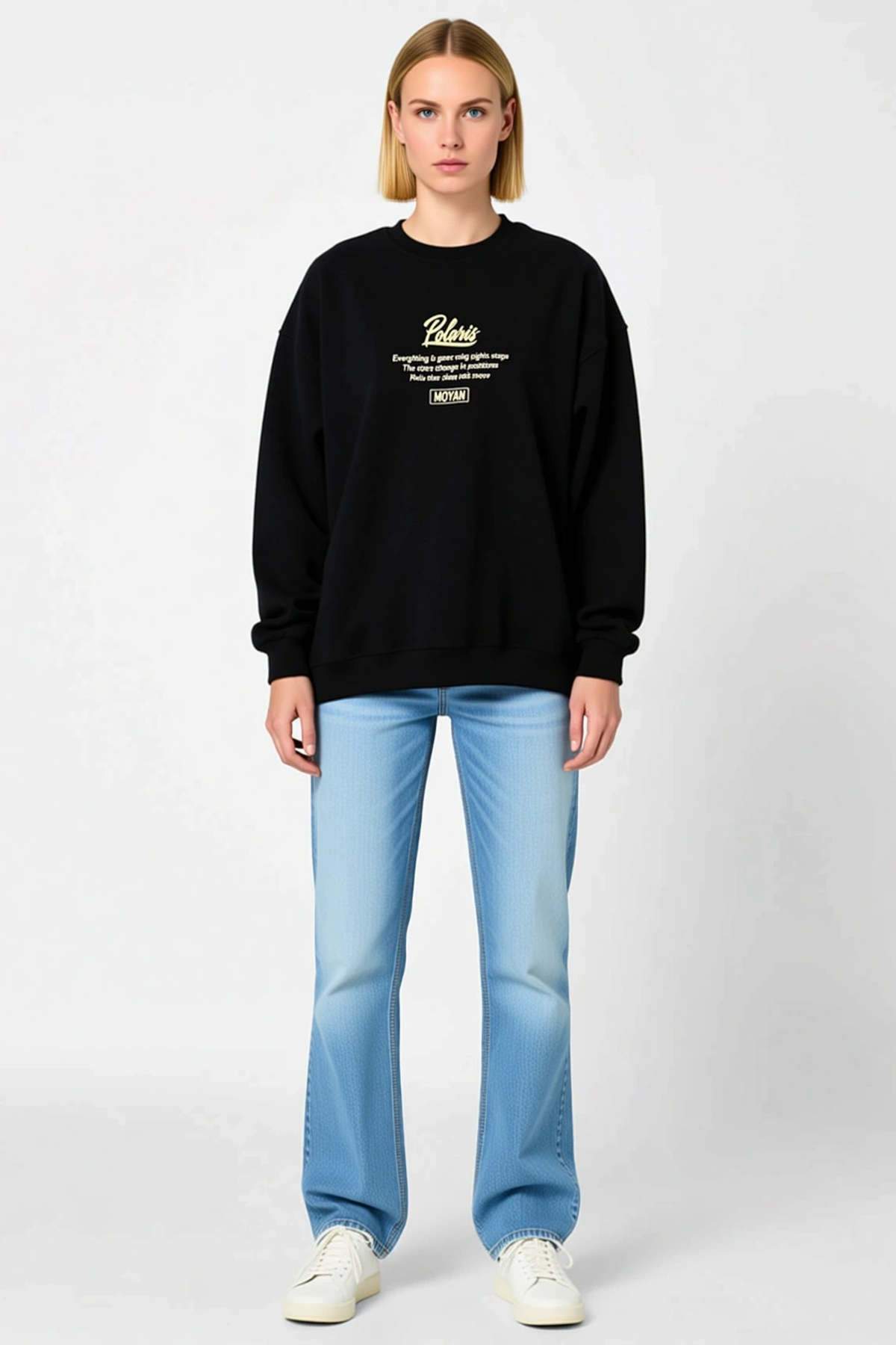 Kadın Kışlık Bisiklet Yaka Ön Arka Baskılı Sweatshirt El Yazısı Slogan Düşük Omuz Oversize Kalıp