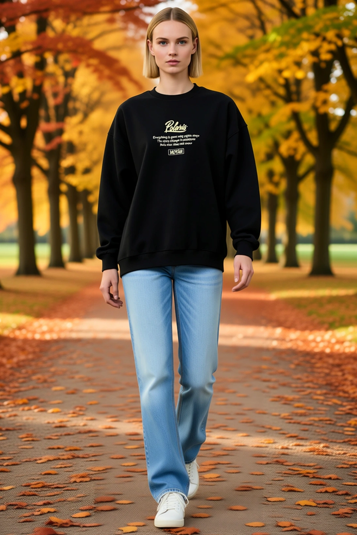 Kadın Kışlık Bisiklet Yaka Ön Arka Baskılı Sweatshirt El Yazısı Slogan Düşük Omuz Oversize Kalıp