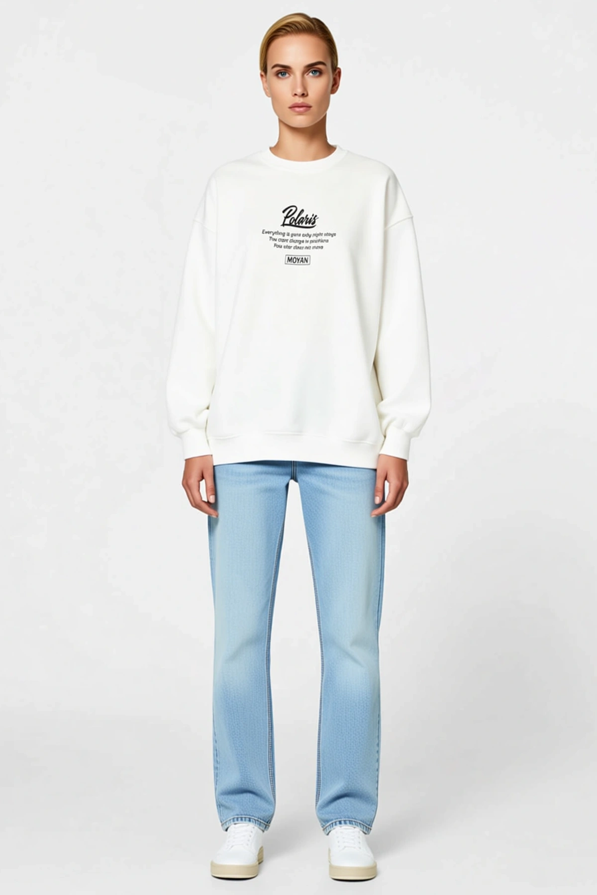 Kadın Kışlık Bisiklet Yaka Ön Arka Baskılı Sweatshirt El Yazısı Başlık Düşük Omuz Oversize Kalıp