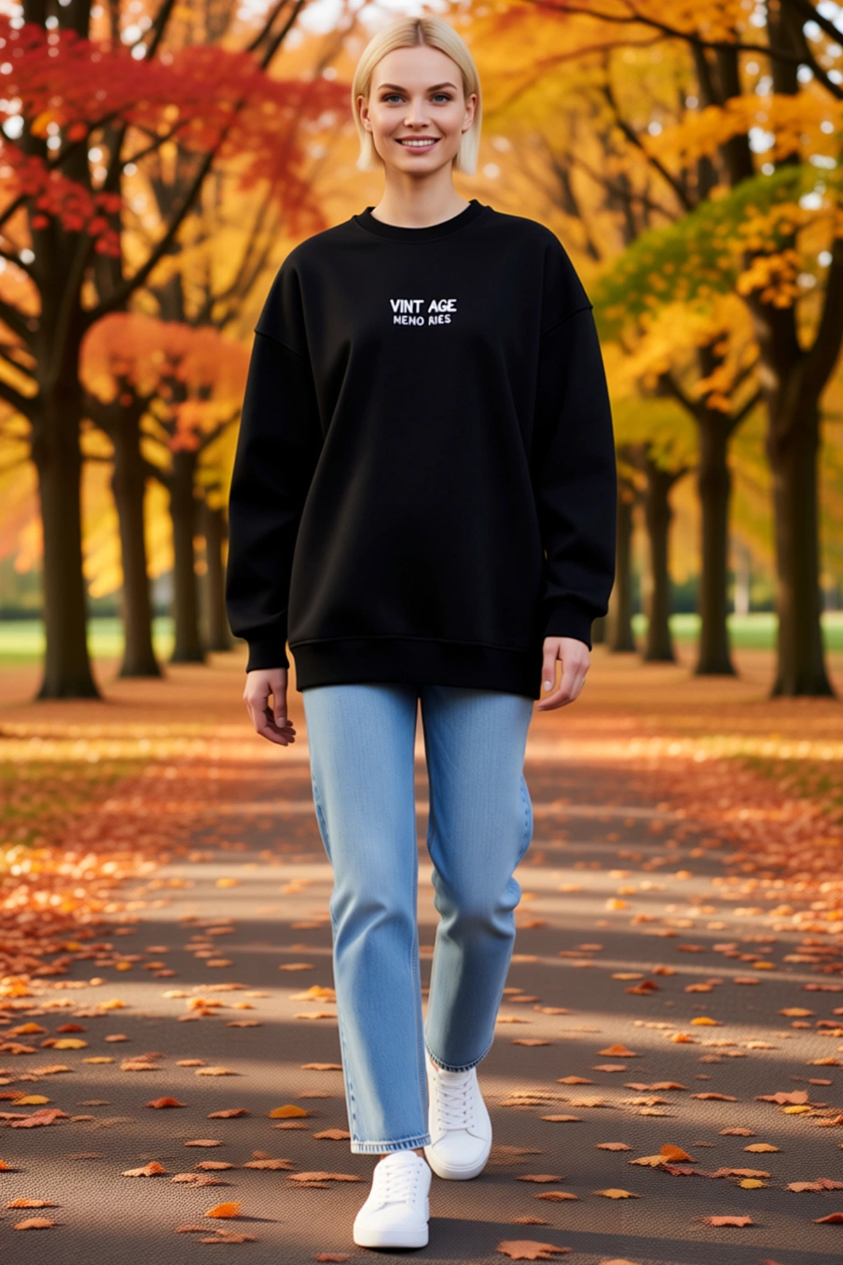 Kadın Üç İplik Oversize Bisiklet Yaka Sweatshirt Sırtı Halı Baskılı Yazılı Düşük Omuz Kol Günlük