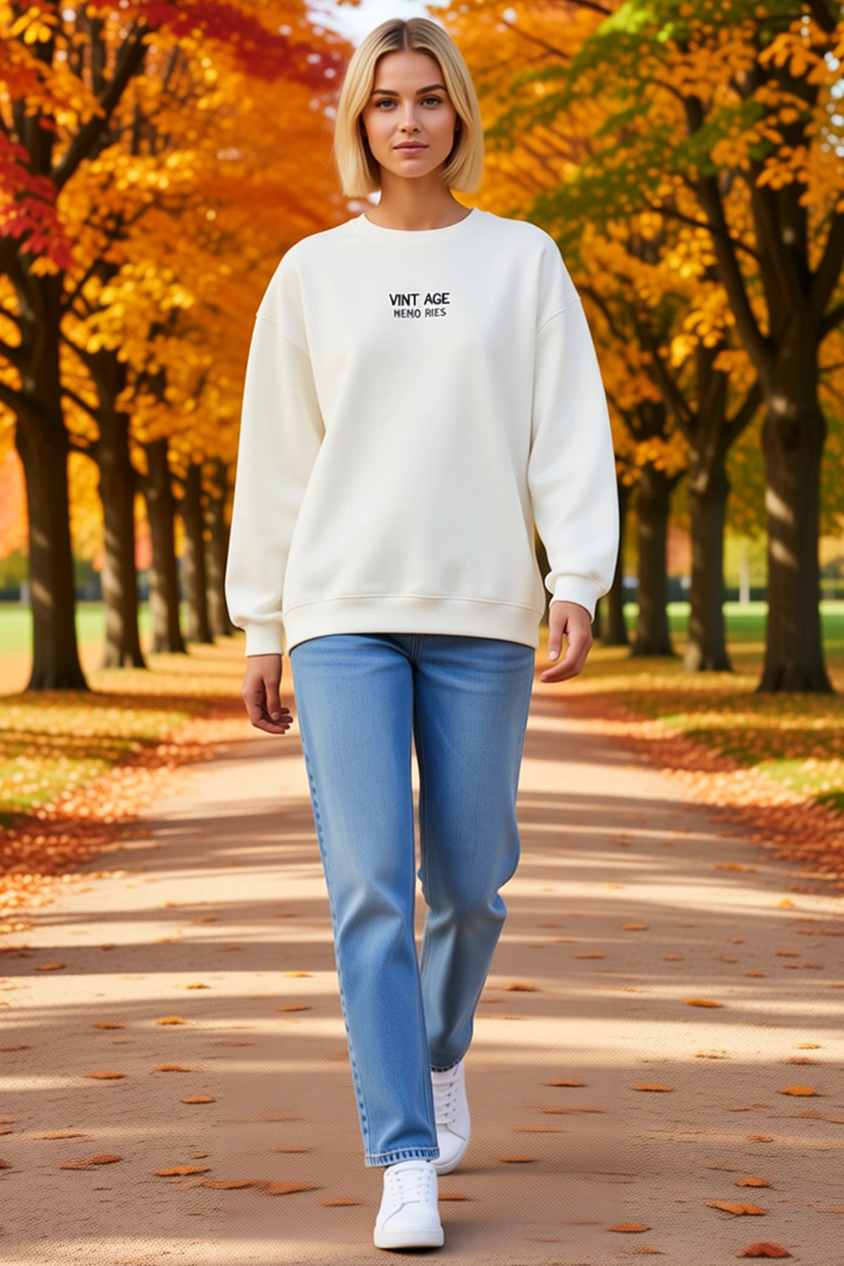 Kadın Oversize Üç İplik Bisiklet Yaka Sweatshirt Arkası Halı Görselli Slogan Yazılı Düşük Omuz Kalıp