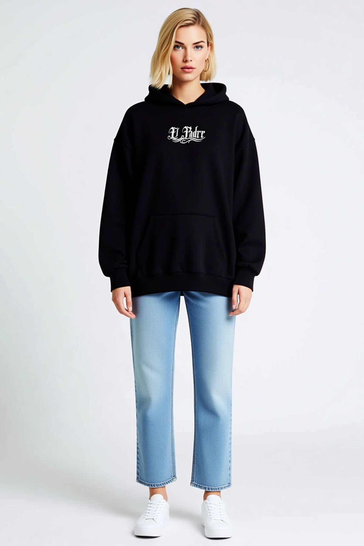 Kadın Üç İplik Penye Uzun Kollu Kapşonlu Sweatshirt Sırtı Dua Eli ve Gül Baskılı Gotik Yazılı Kalıp