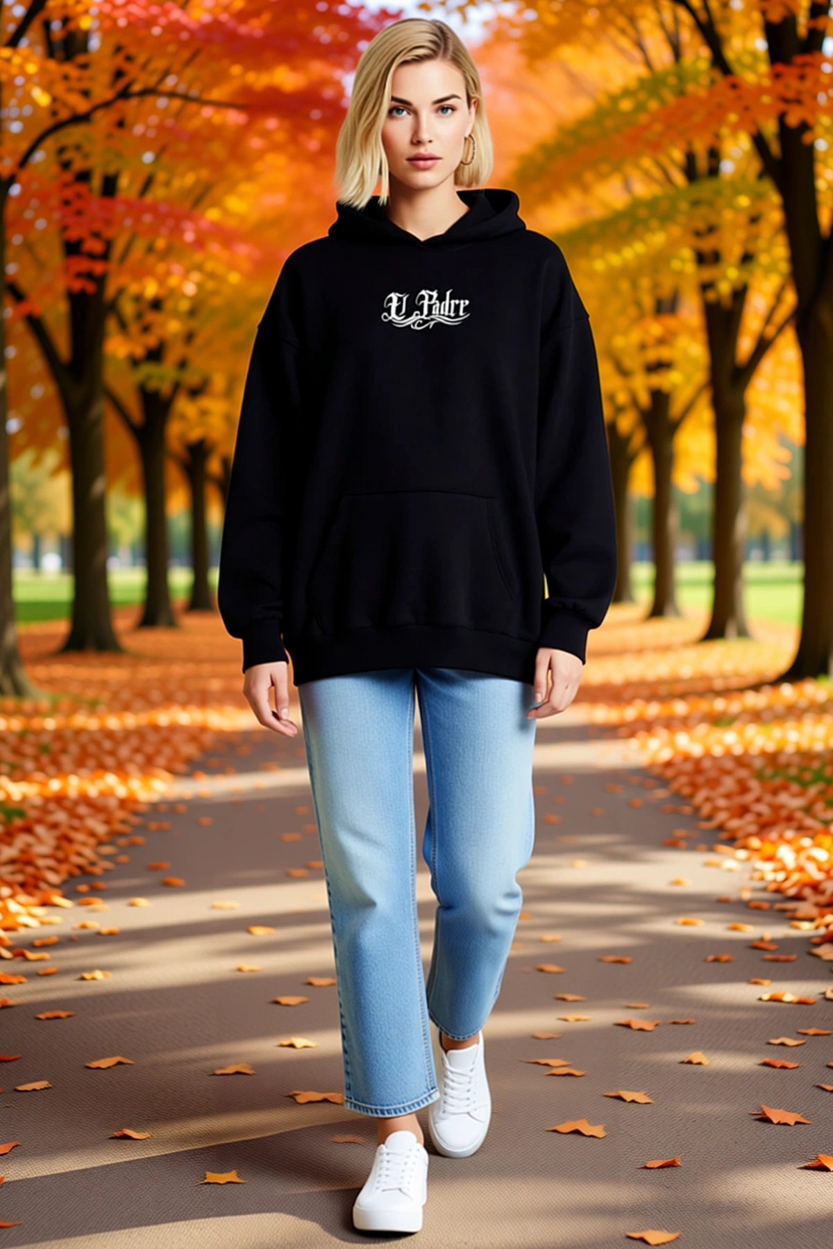 Kadın Üç İplik Penye Uzun Kollu Kapşonlu Sweatshirt Sırtı Dua Eli ve Gül Baskılı Gotik Yazılı Kalıp