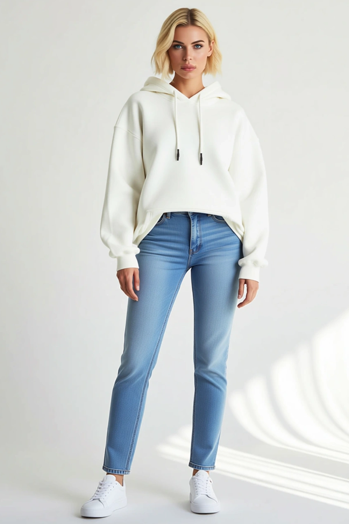 Kadın Kapşonlu Üç İplik Penye Basic Sweatshirt Kordonlu Kanguru Cepli Düşük Omuz Oversize Uzun Boy