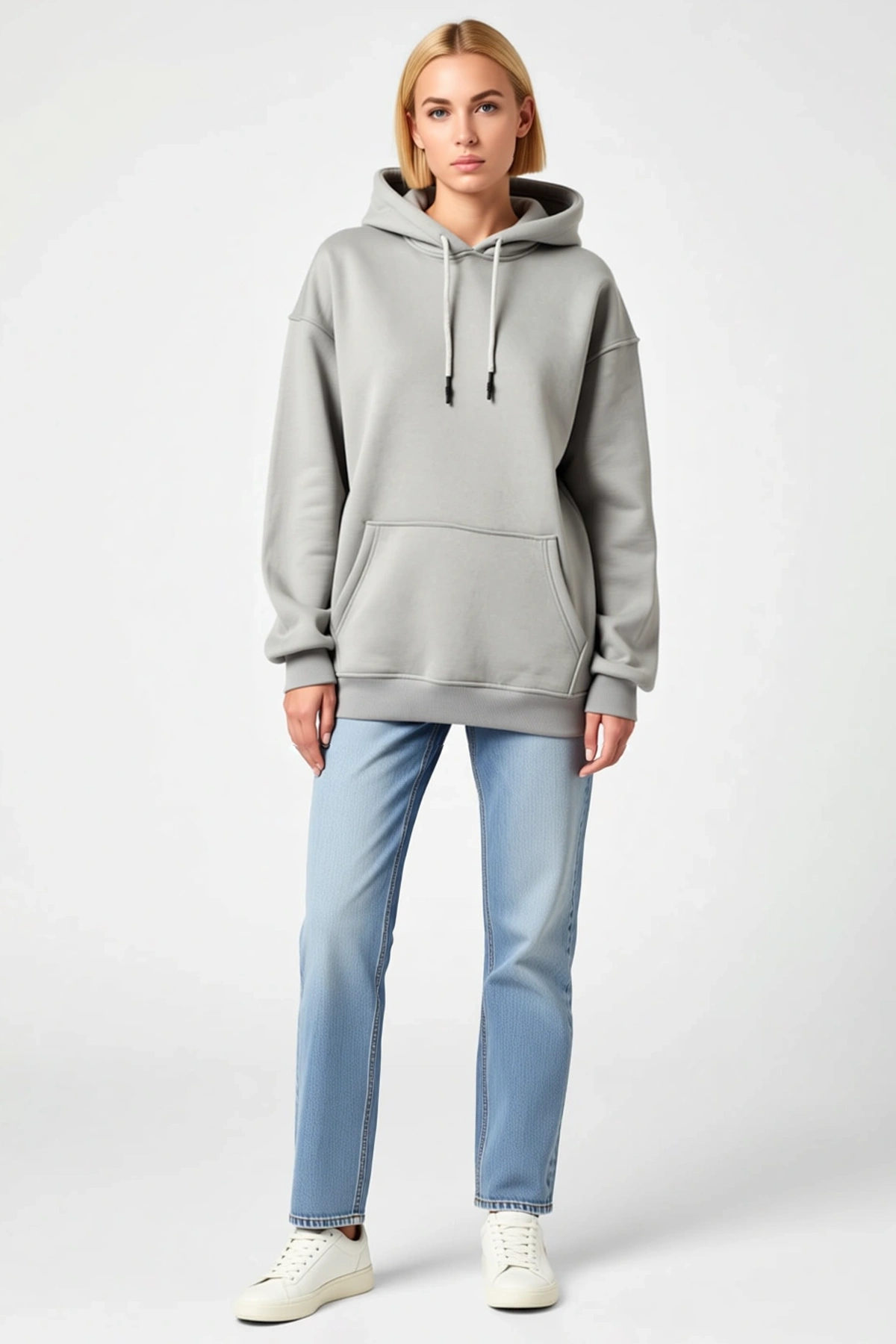 Kadın Kapşonlu Üç İplik Penye Basic Sweatshirt Kordonlu Kanguru Cepli Düşük Omuz Oversize Rahat