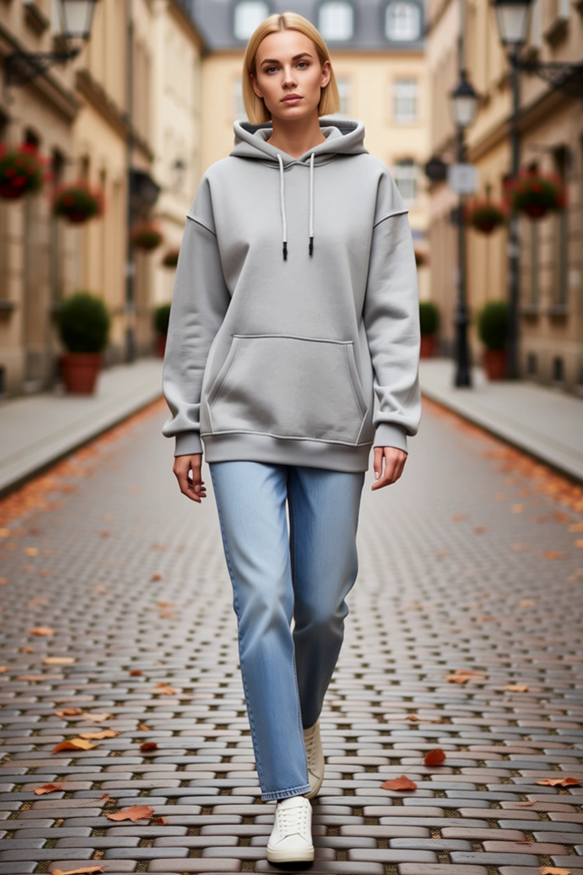 Kadın Kapşonlu Üç İplik Penye Basic Sweatshirt Kordonlu Kanguru Cepli Düşük Omuz Oversize Rahat