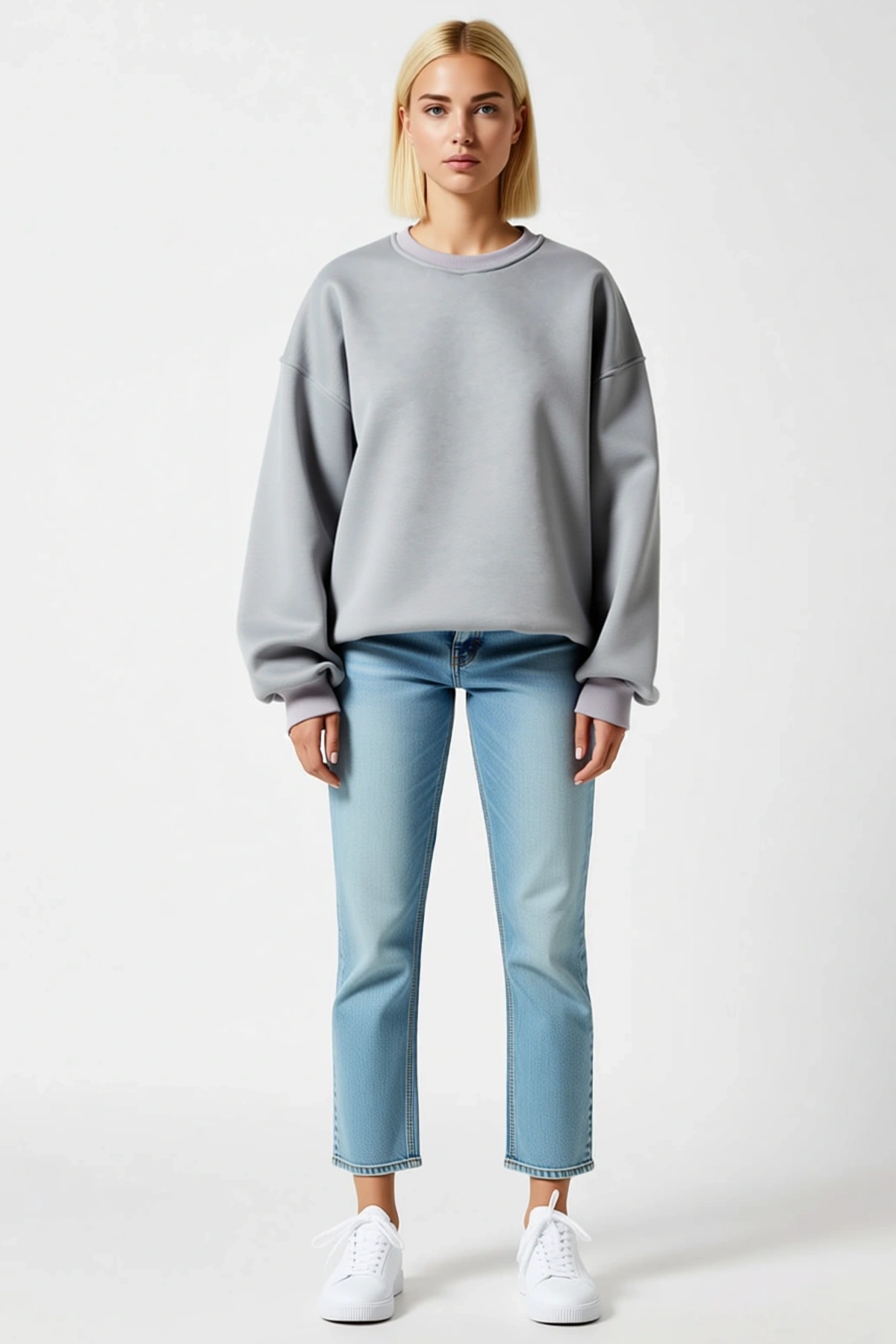 Kadın Kışlık Bisiklet Yaka Üç İplik Basic Oversize Sweatshirt Düşük Omuzlu Ribanalı Rahat Kesim
