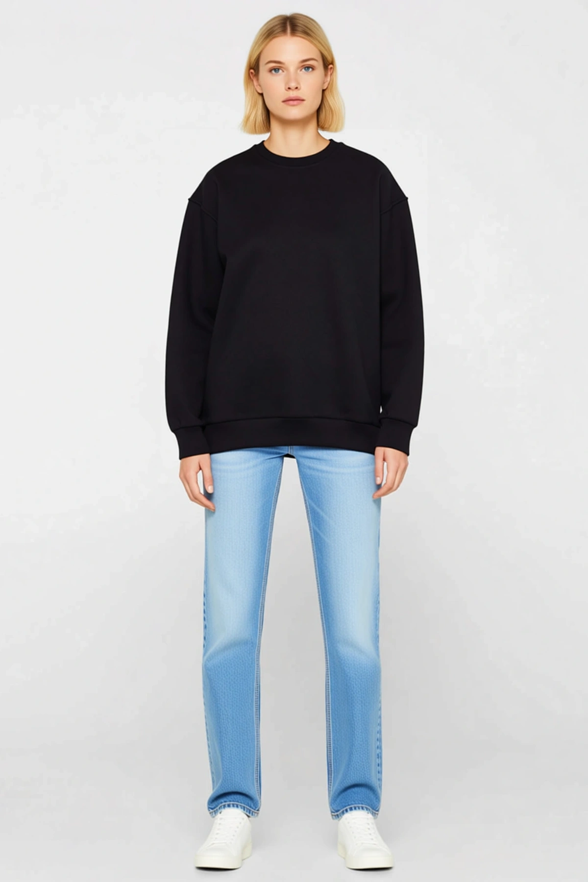 Kadın Kışlık Basic Bisiklet Yaka Üç İplik Sweatshirt Geniş Kollu Düşük Omuz Kısa Kesim Günlük Rahat