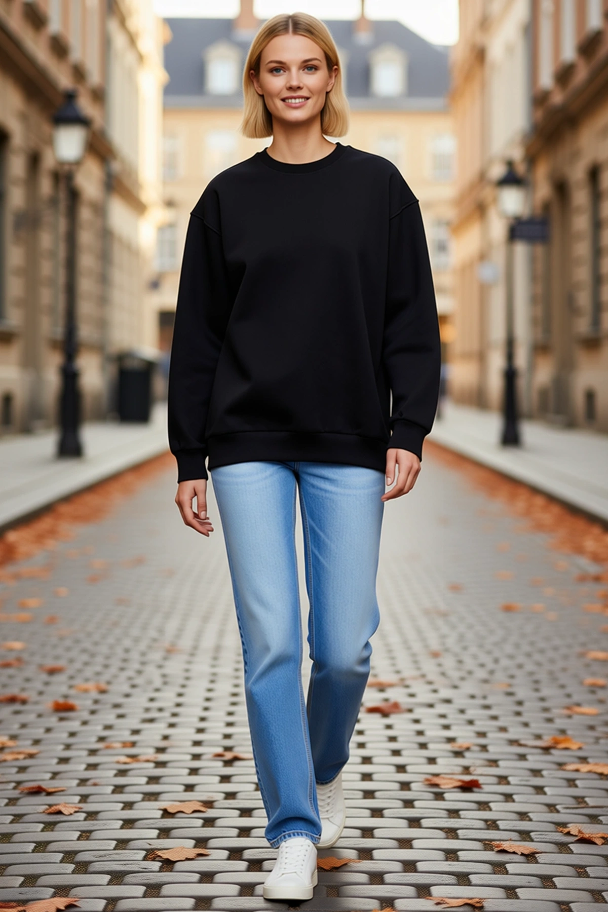 Kadın Kışlık Basic Bisiklet Yaka Üç İplik Sweatshirt Geniş Kollu Düşük Omuz Kısa Kesim Günlük Rahat