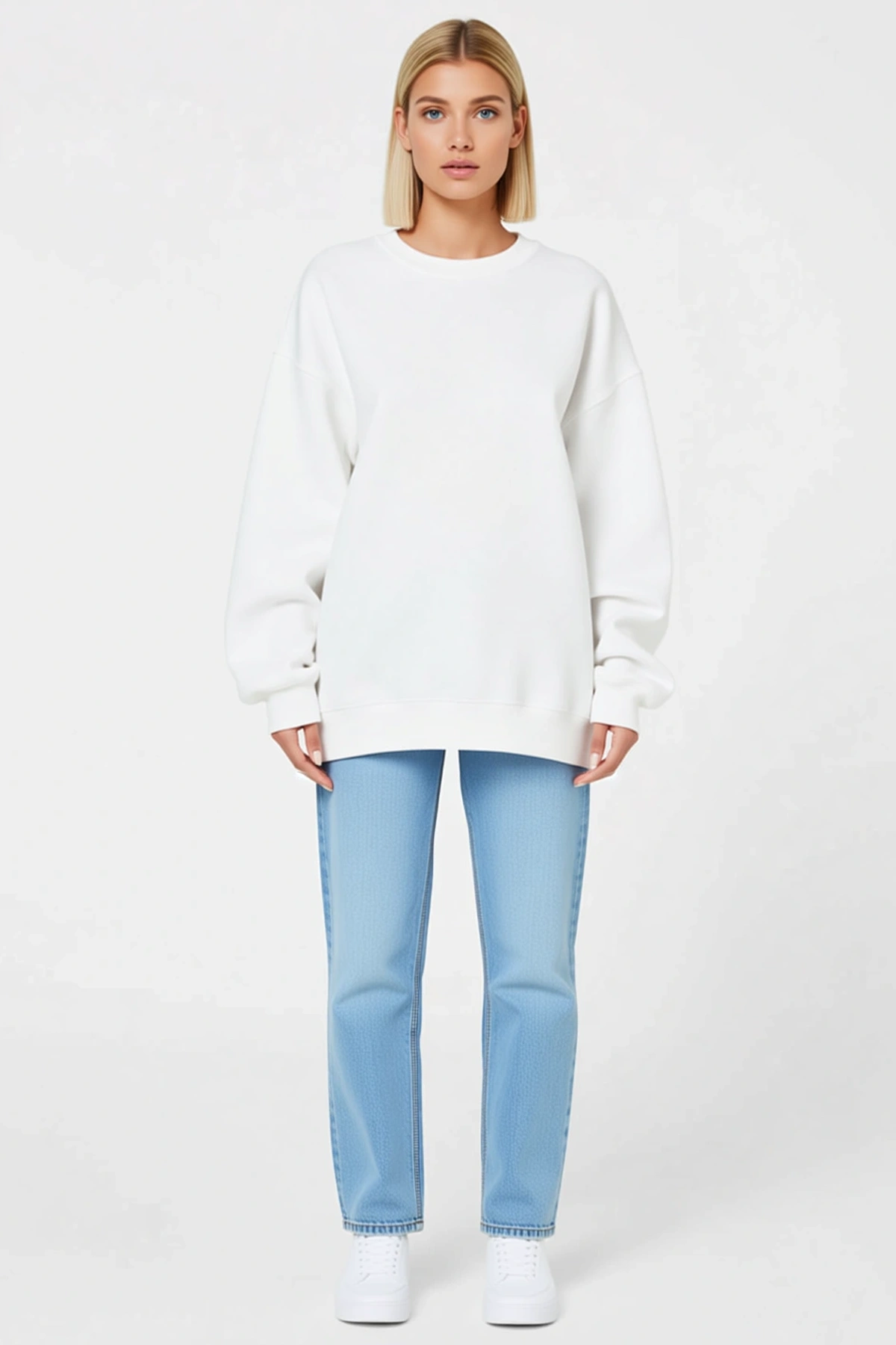 Kadın Kışlık Oversize Bisiklet Yaka Üç İplik Basic Sweatshirt Uzun Boy Düşük Omuz Rahat Kalıp Günlük