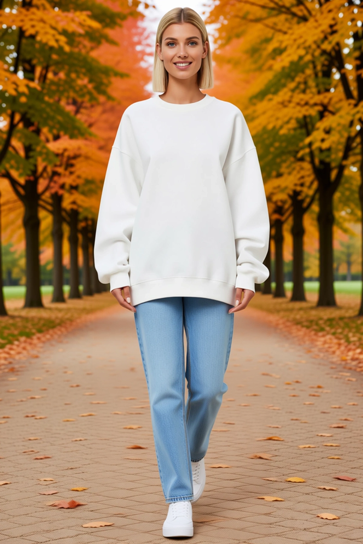 Kadın Kışlık Oversize Bisiklet Yaka Üç İplik Basic Sweatshirt Uzun Boy Düşük Omuz Rahat Kalıp Günlük