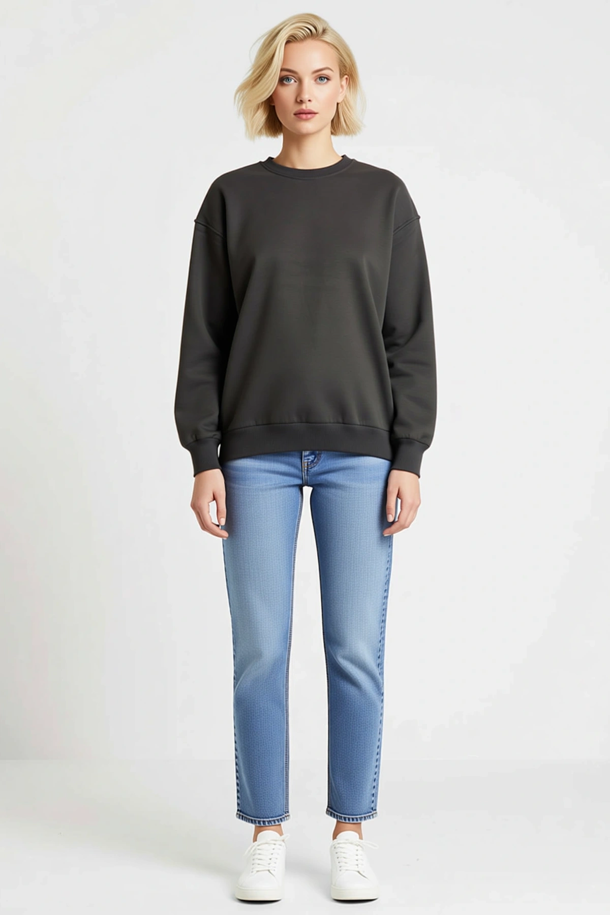 Kadın Kışlık Basic Bisiklet Yaka Üç İplik Sweatshirt Ribanalı Kol Ağızlı Oversize Düşük Omuz Günlük