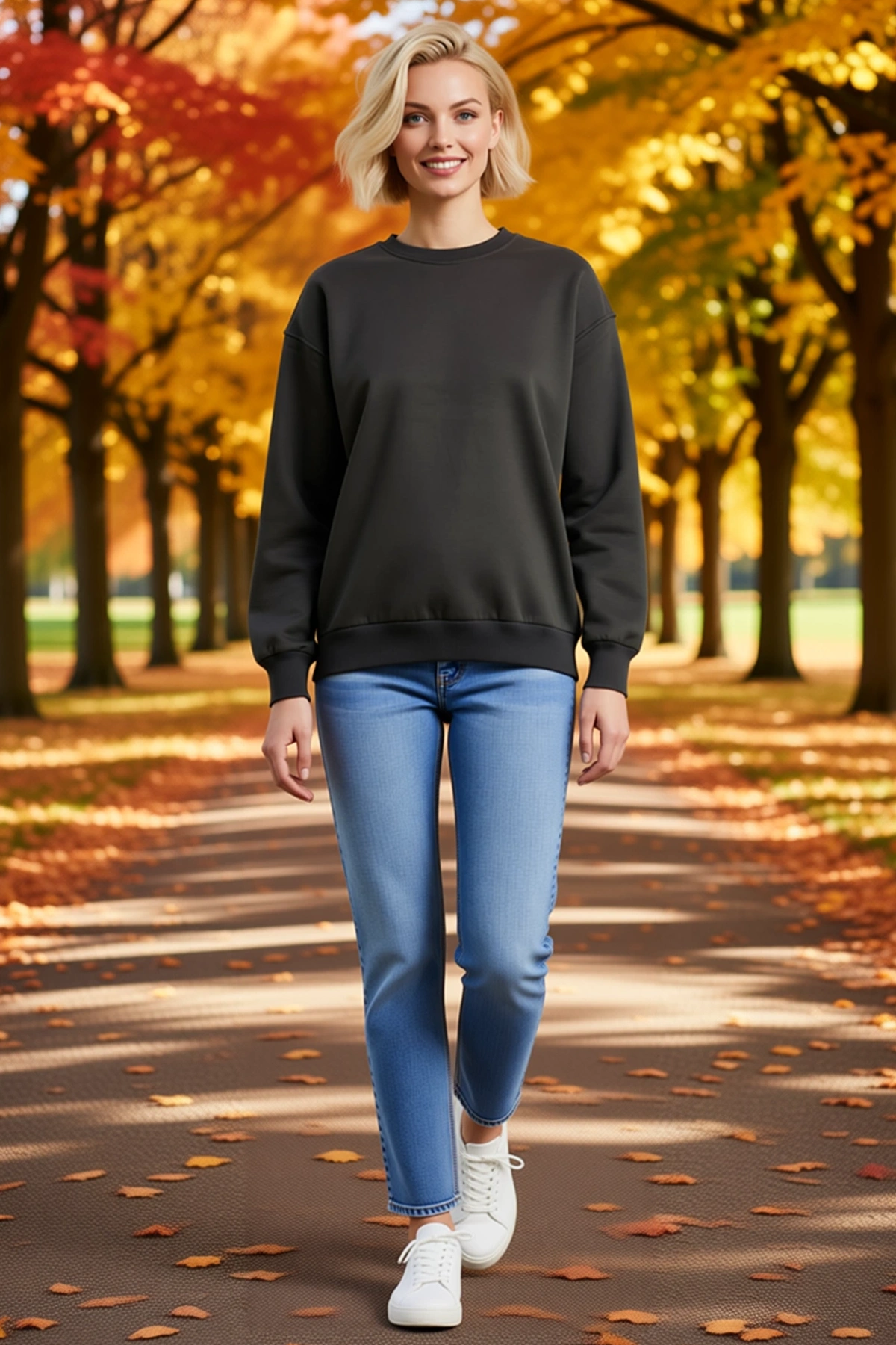 Kadın Kışlık Basic Bisiklet Yaka Üç İplik Sweatshirt Ribanalı Kol Ağızlı Oversize Düşük Omuz Günlük