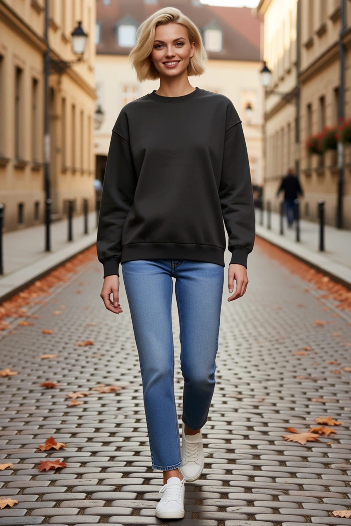 Kadın Kışlık Basic Bisiklet Yaka Üç İplik Sweatshirt Ribanalı Kol Ağızlı Oversize Düşük Omuz Günlük