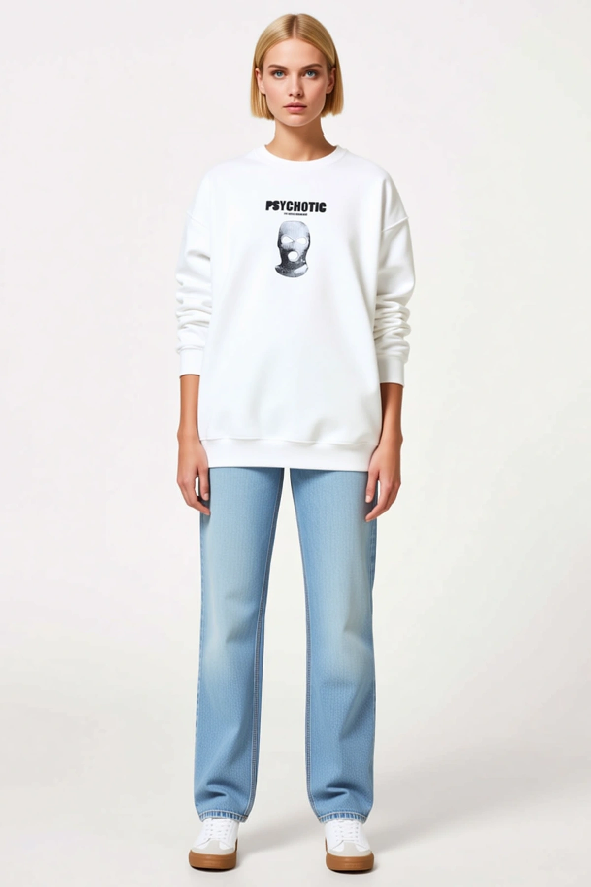 Kadın Kışlık Bisiklet Yaka Sırt Baskılı Sweatshirt Maskeli Grafik Desenli Oversize Düşük Omuz Günlük