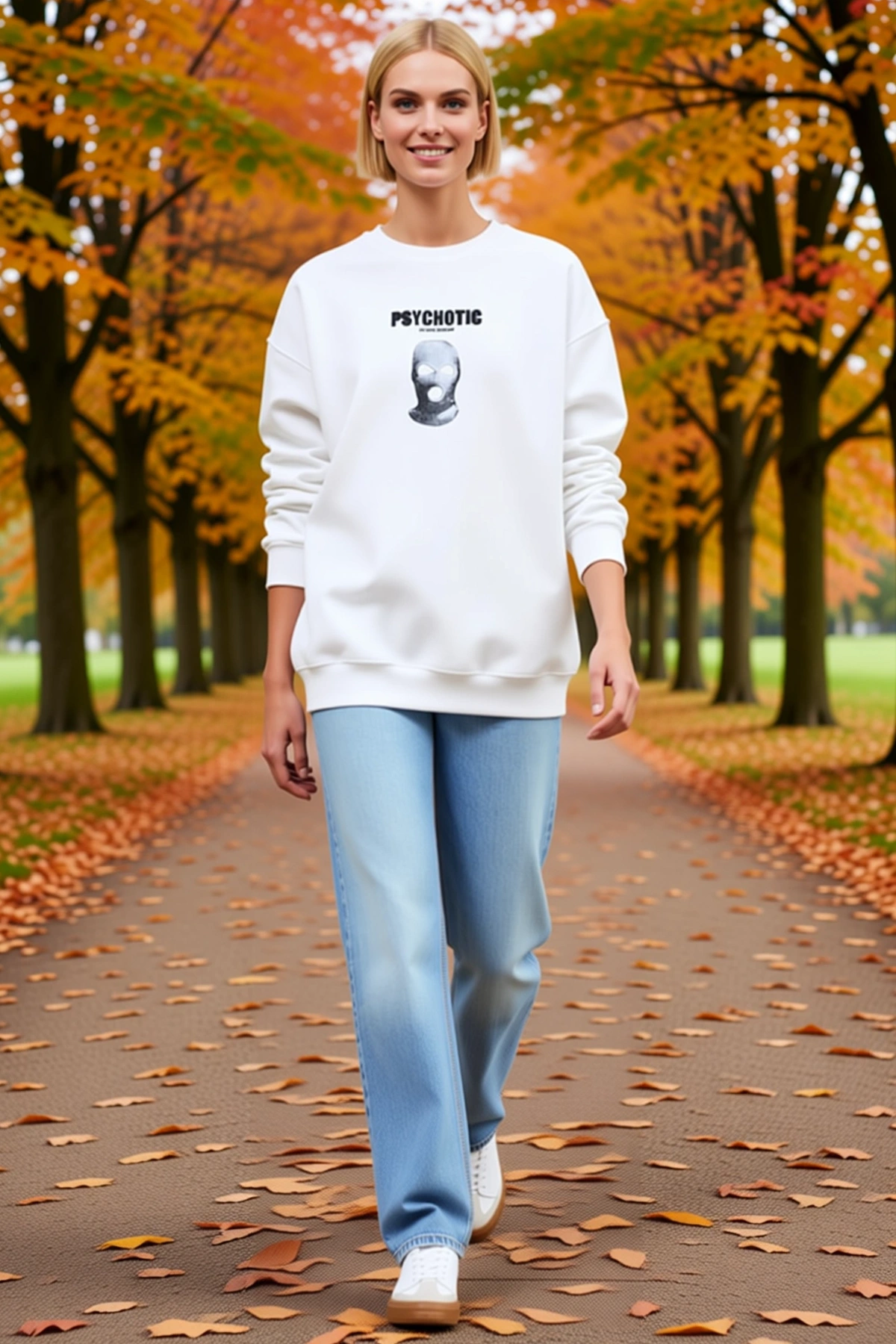 Kadın Kışlık Bisiklet Yaka Sırt Baskılı Sweatshirt Maskeli Grafik Desenli Oversize Düşük Omuz Günlük