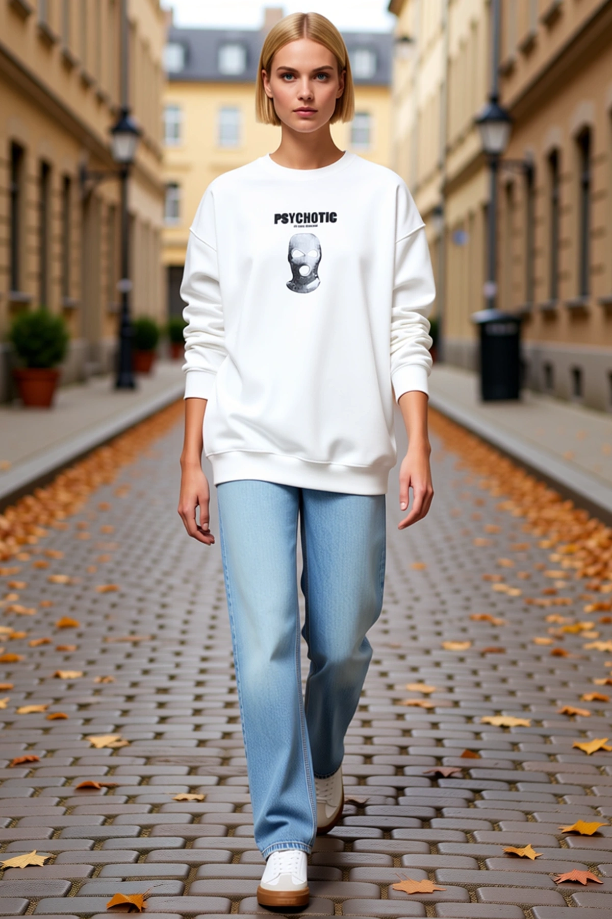 Kadın Kışlık Bisiklet Yaka Sırt Baskılı Sweatshirt Maskeli Grafik Desenli Oversize Düşük Omuz Günlük