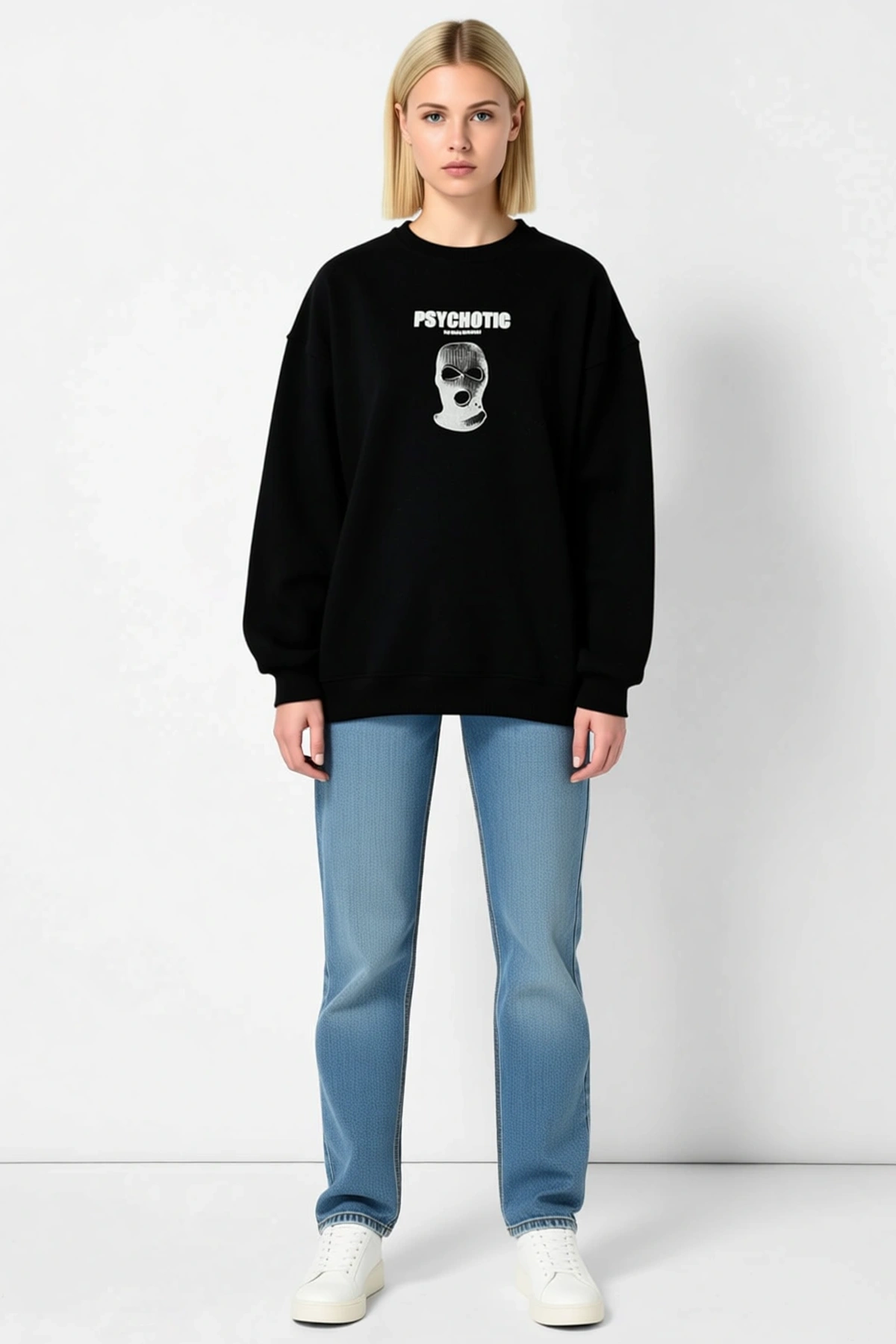 Kadın Kışlık Bisiklet Yaka Baskılı Oversize Sweatshirt Geniş Sırt Grafiği Ribanalı Düşük Omuz Rahat