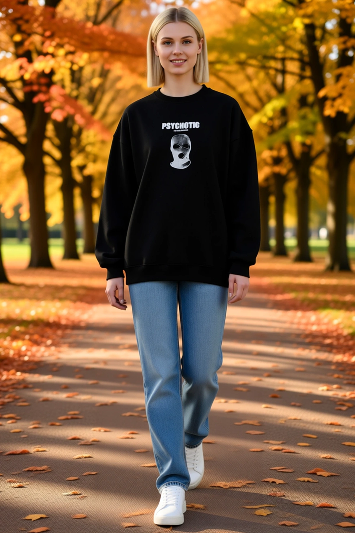 Kadın Kışlık Bisiklet Yaka Baskılı Oversize Sweatshirt Geniş Sırt Grafiği Ribanalı Düşük Omuz Rahat
