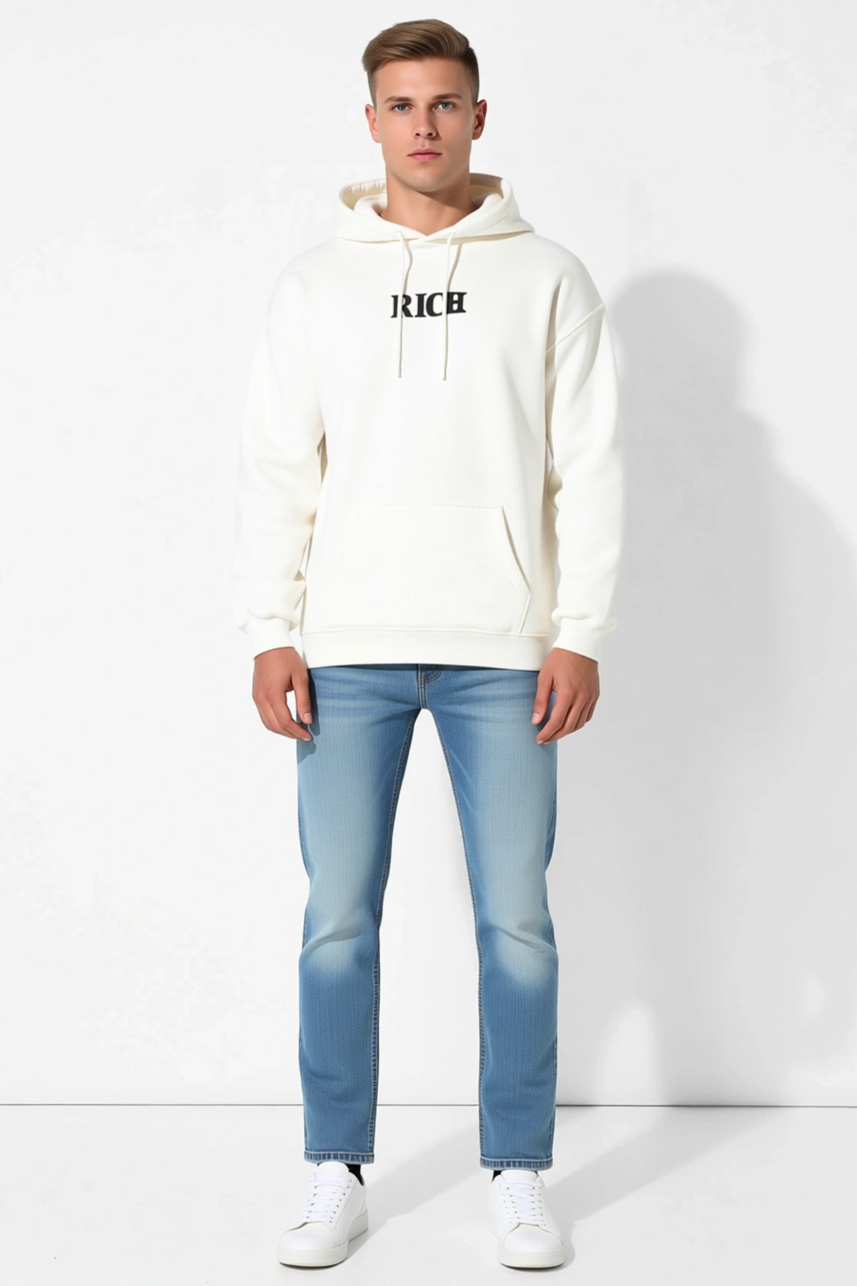 Erkek Kışlık Kapüşonlu Göğüs Baskılı Sweatshirt Oversize Kanguru Cepli Bağcıklı Uzun Kollu Rahat