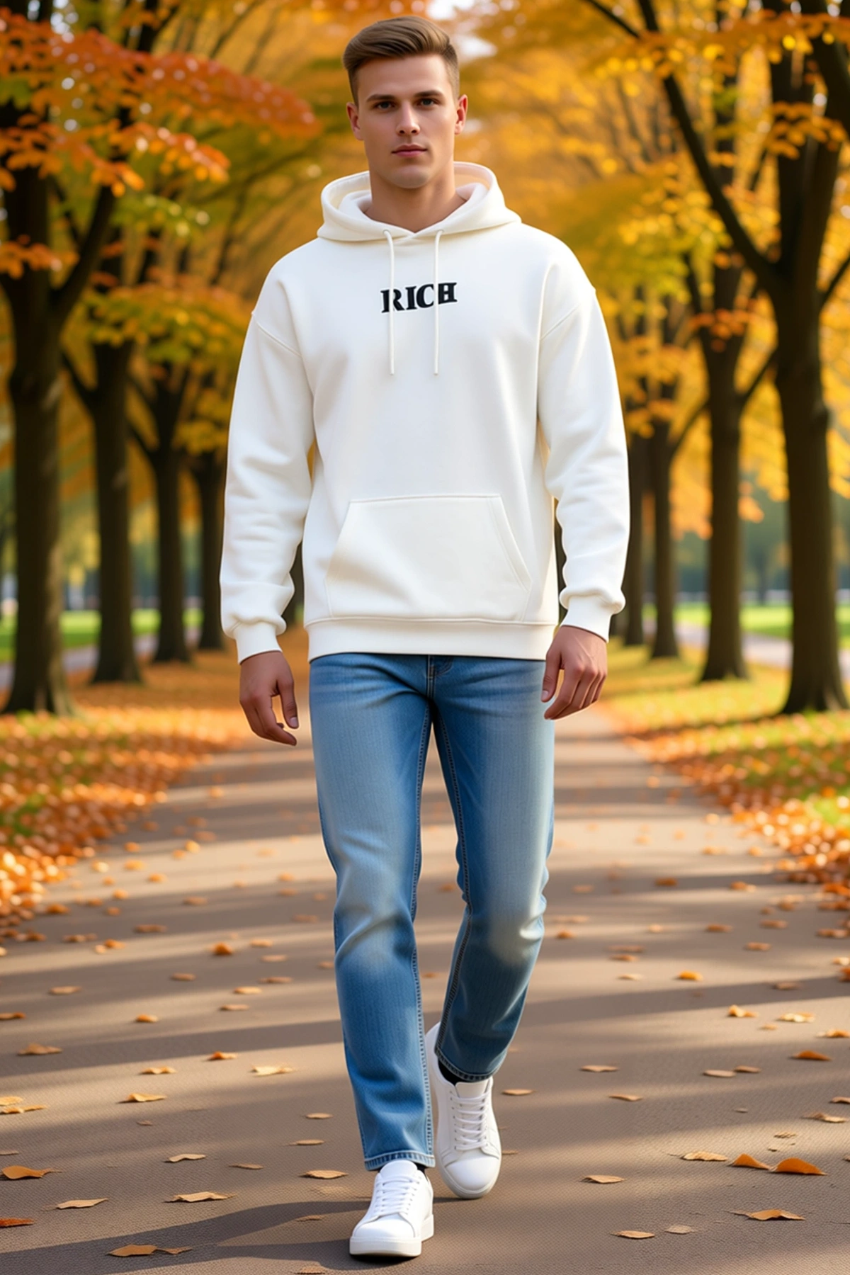 Erkek Kışlık Kapüşonlu Göğüs Baskılı Sweatshirt Oversize Kanguru Cepli Bağcıklı Uzun Kollu Rahat