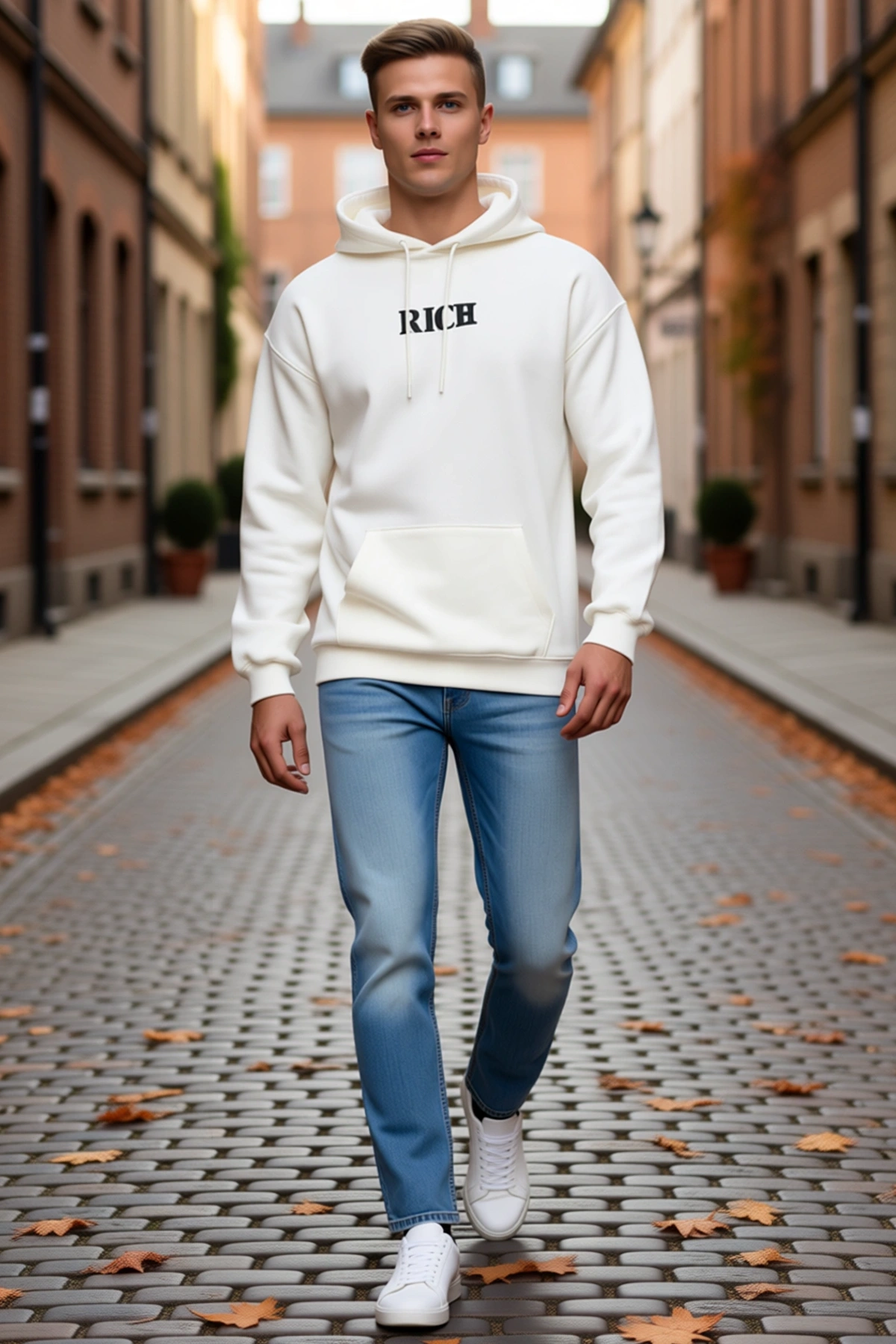 Erkek Kışlık Kapüşonlu Göğüs Baskılı Sweatshirt Oversize Kanguru Cepli Bağcıklı Uzun Kollu Rahat