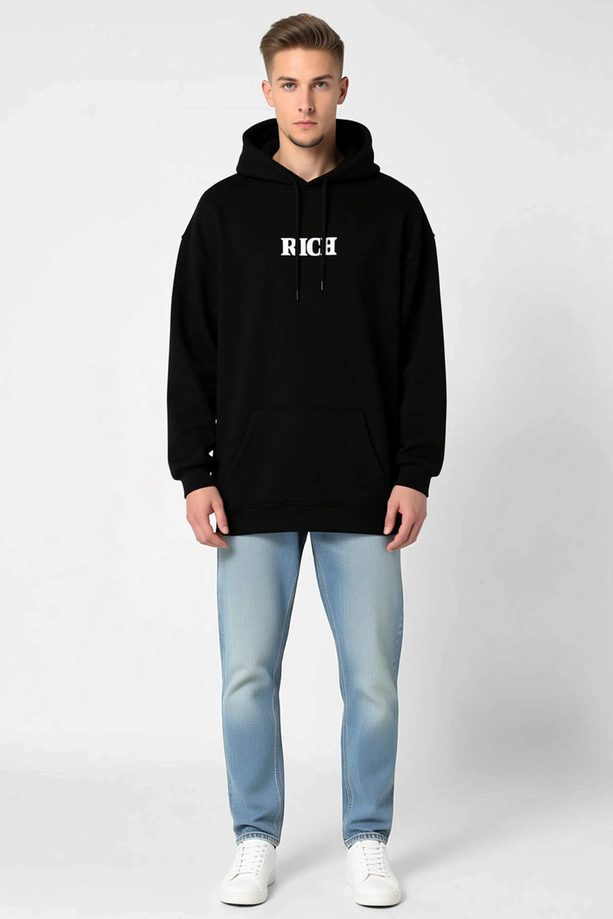 Erkek Kışlık Oversize Kapüşonlu Sweatshirt Önde Geniş Cepli Baskı Detaylı Bağcık Ayarlı Düşük Omuz