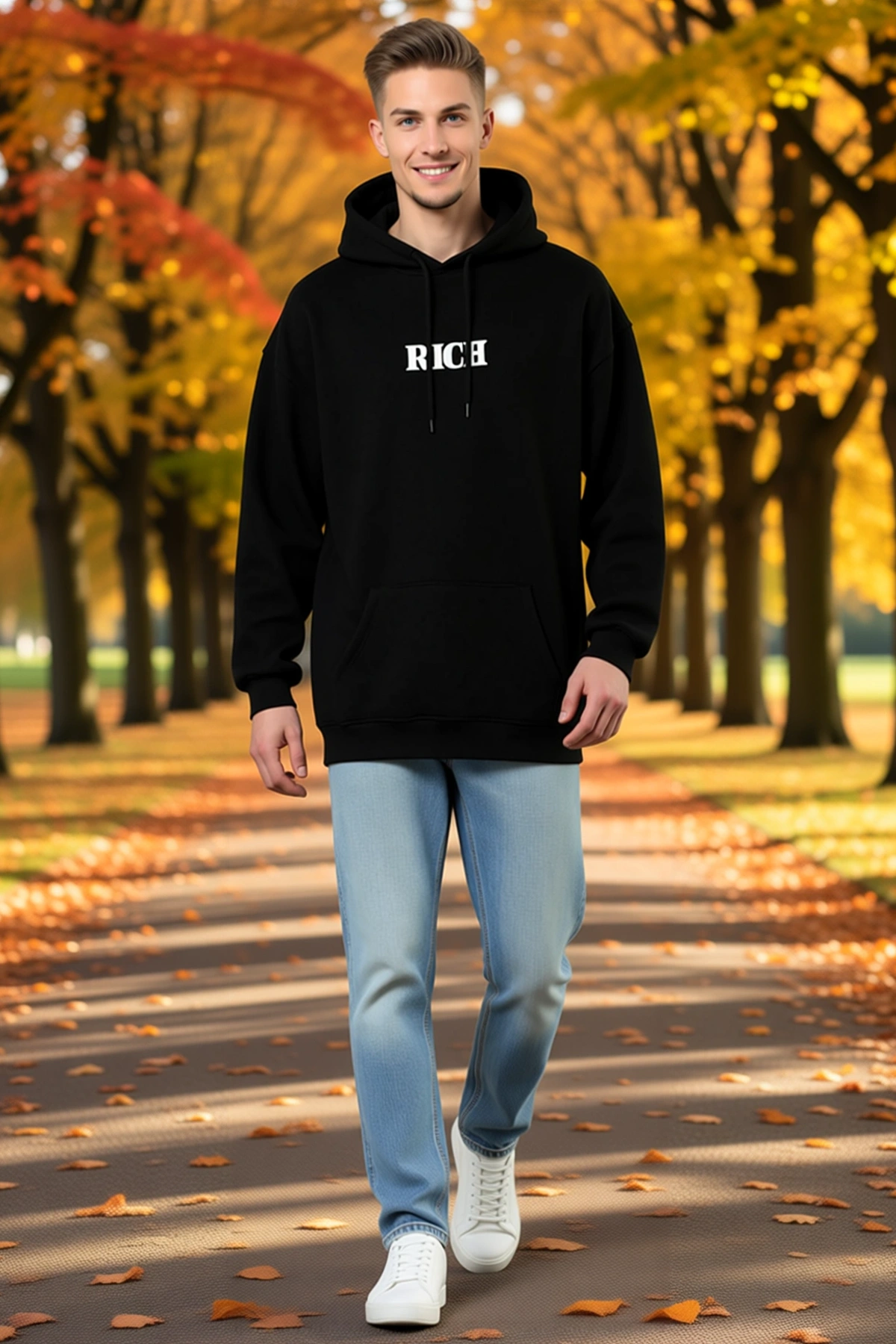 Erkek Kışlık Oversize Kapüşonlu Sweatshirt Önde Geniş Cepli Baskı Detaylı Bağcık Ayarlı Düşük Omuz