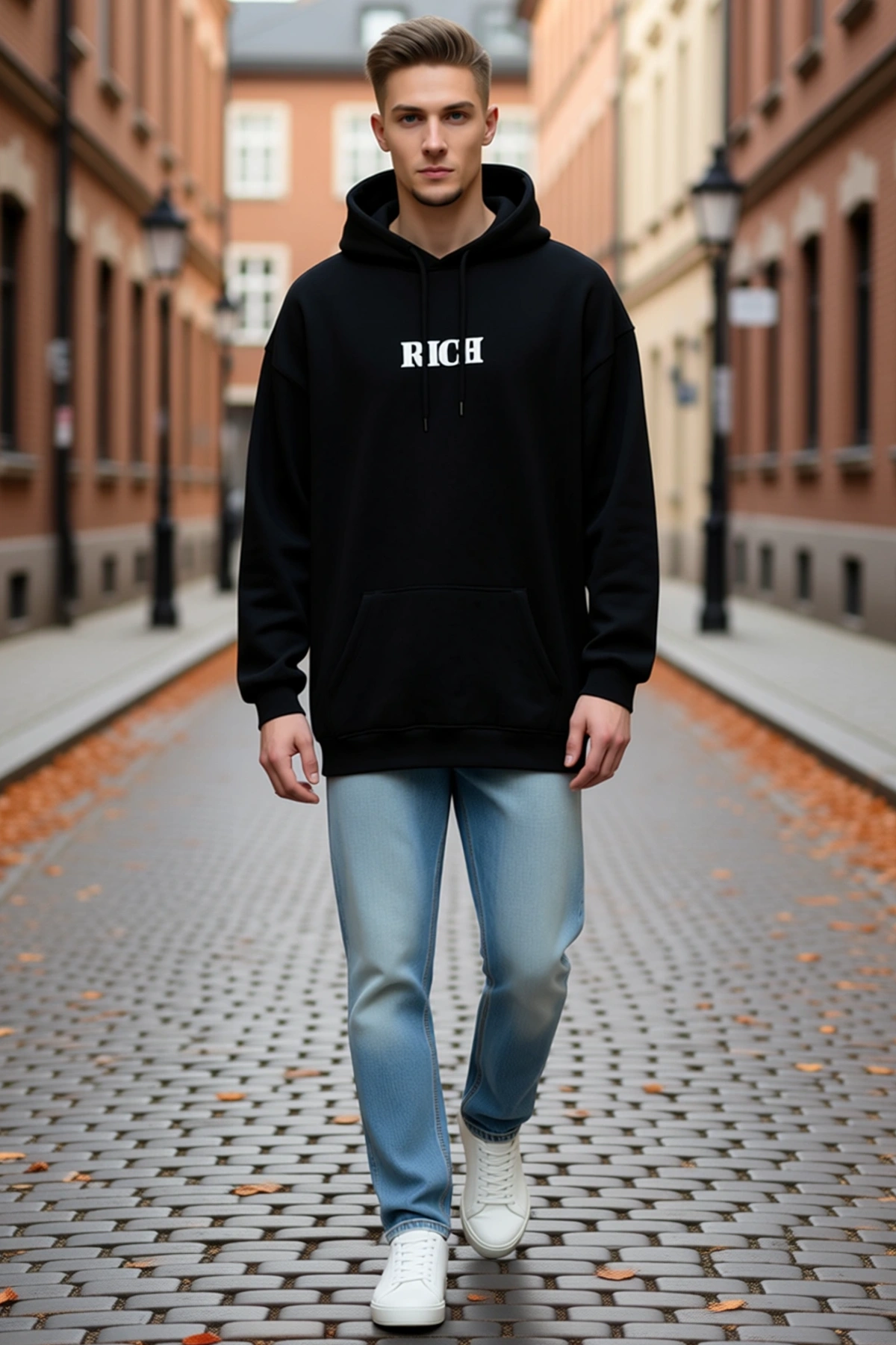 Erkek Kışlık Oversize Kapüşonlu Sweatshirt Önde Geniş Cepli Baskı Detaylı Bağcık Ayarlı Düşük Omuz
