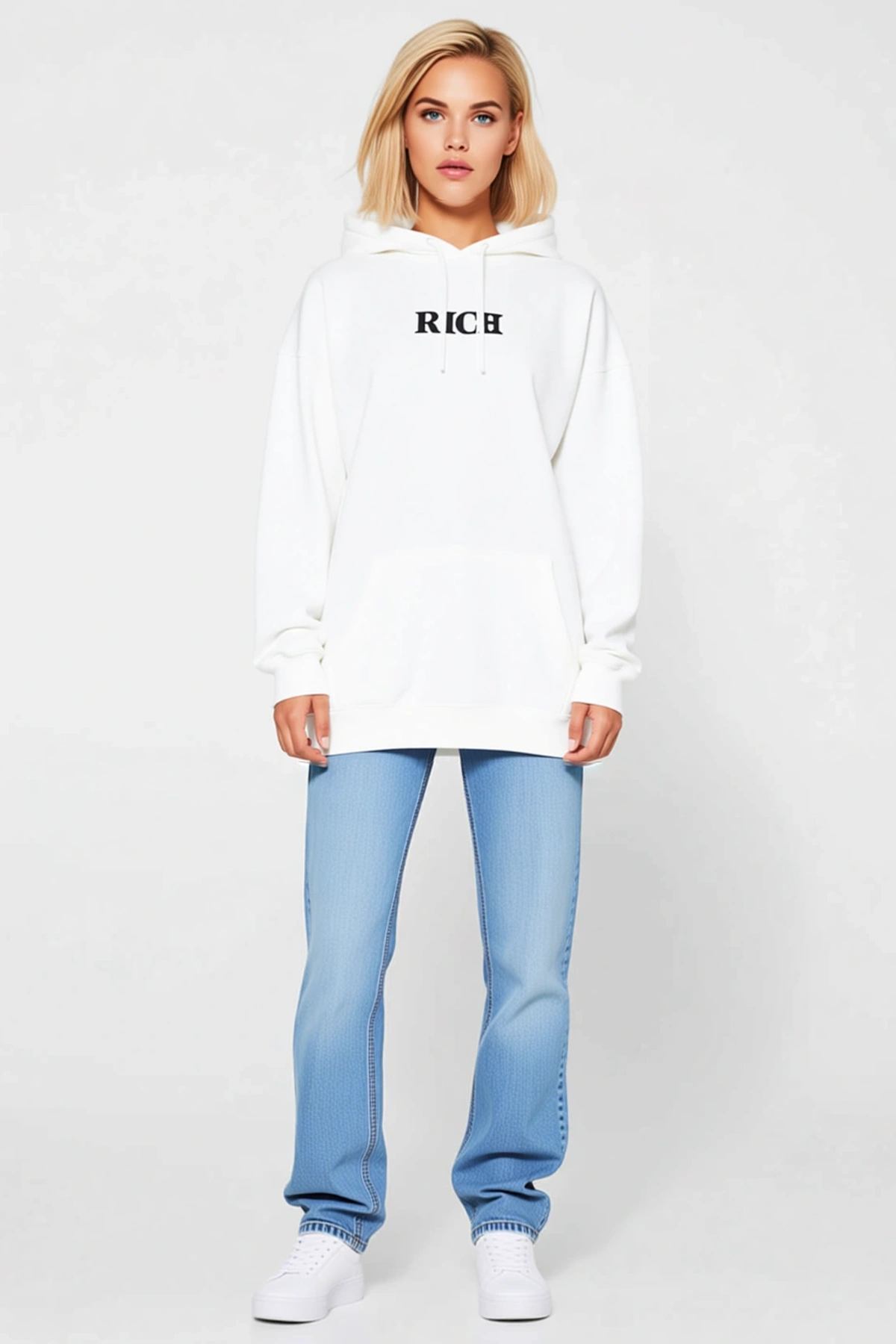 Kadın Kışlık Kapüşonlu Göğüs Baskılı Uzun Kollu Sweatshirt Kanguru Cepli Bağcıklı Oversize Boy Rahat