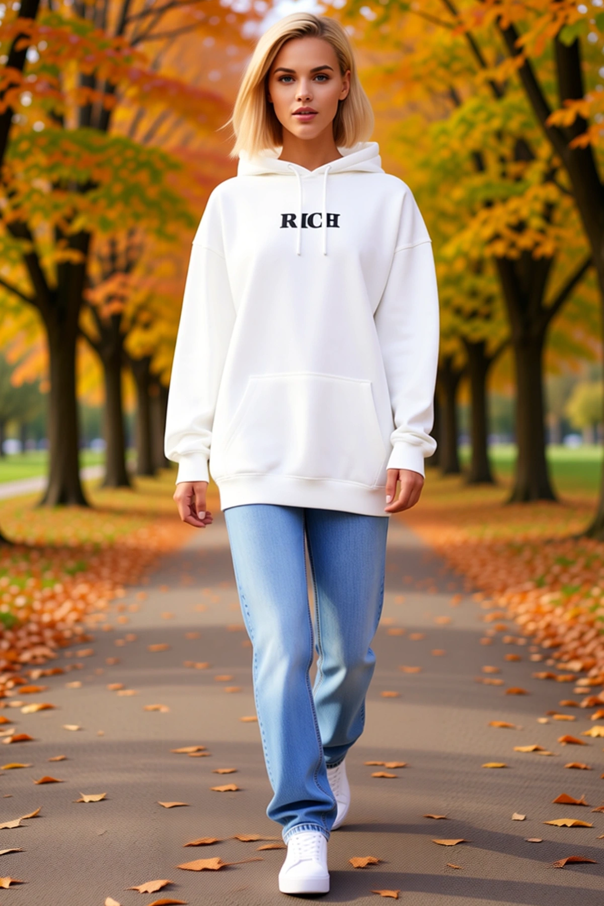 Kadın Kışlık Kapüşonlu Göğüs Baskılı Uzun Kollu Sweatshirt Kanguru Cepli Bağcıklı Oversize Boy Rahat