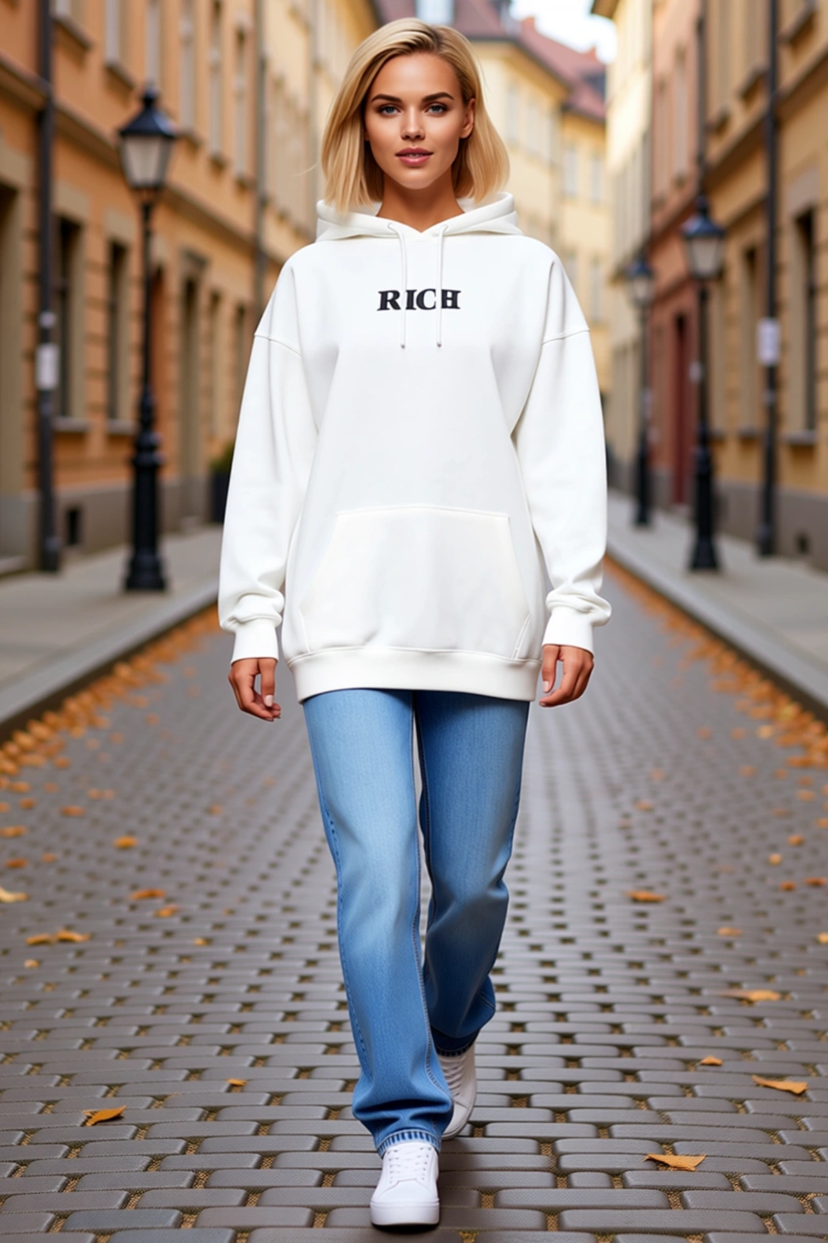 Kadın Kışlık Kapüşonlu Göğüs Baskılı Uzun Kollu Sweatshirt Kanguru Cepli Bağcıklı Oversize Boy Rahat