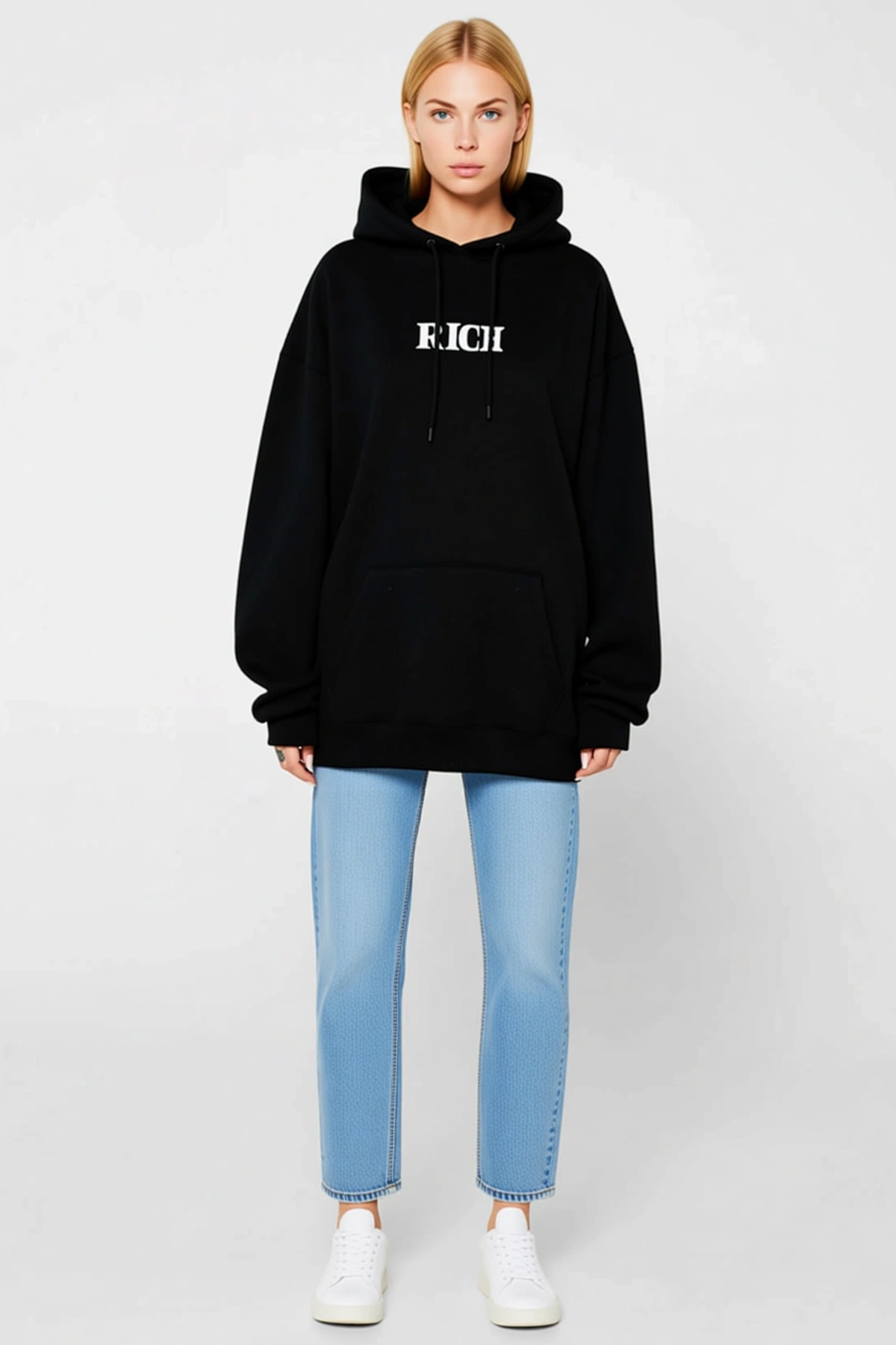Kadın Kışlık Kapüşonlu Uzun Kollu Göğüs Baskılı Sweatshirt Kanguru Cepli Bağcıklı Oversize Boy Rahat