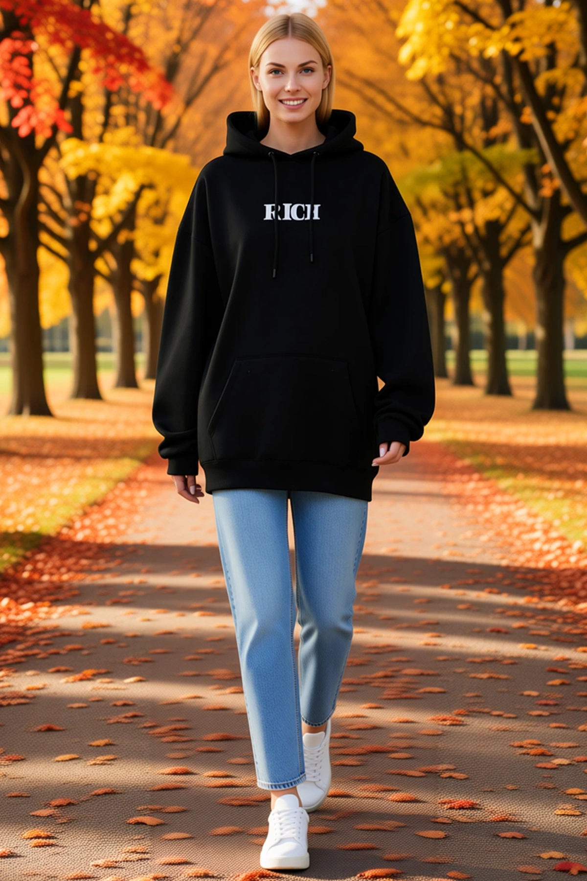 Kadın Kışlık Kapüşonlu Uzun Kollu Göğüs Baskılı Sweatshirt Kanguru Cepli Bağcıklı Oversize Boy Rahat