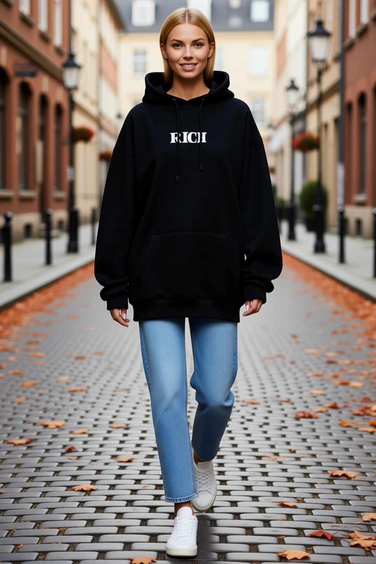 Kadın Kışlık Kapüşonlu Uzun Kollu Göğüs Baskılı Sweatshirt Kanguru Cepli Bağcıklı Oversize Boy Rahat