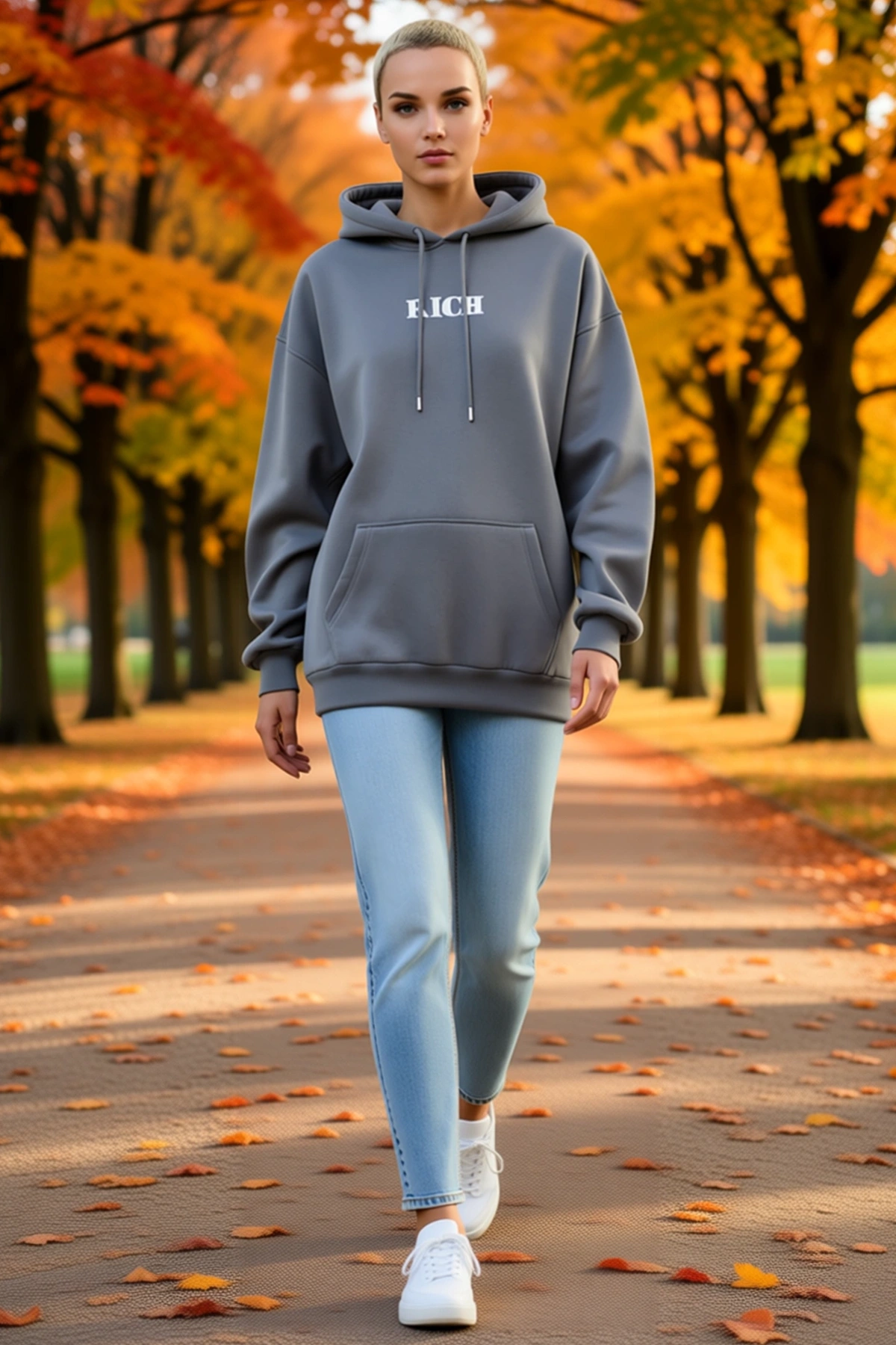 Kadın Kışlık Kapüşonlu Geniş Kalıp Göğüs Baskılı Sweatshirt Önü Cepli Bağcık Detaylı Uzun Kollu