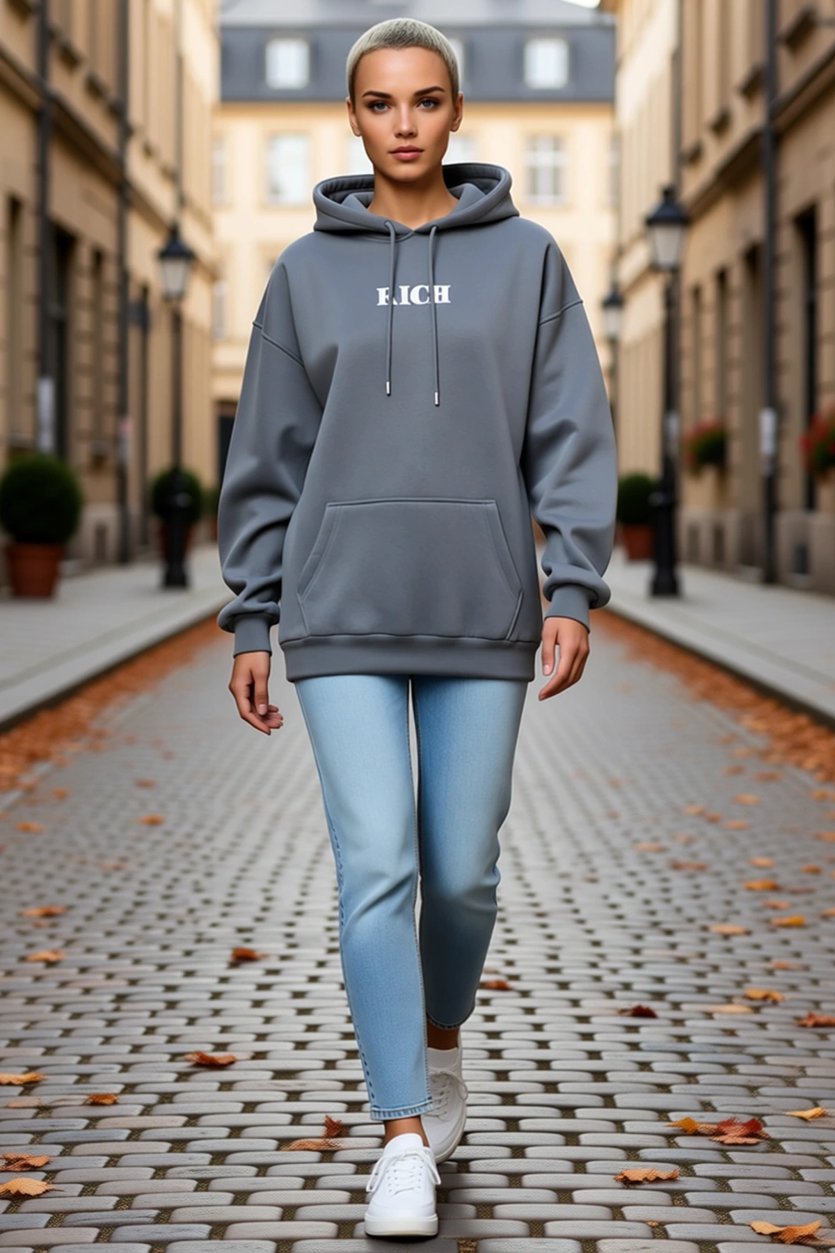 Kadın Kışlık Kapüşonlu Geniş Kalıp Göğüs Baskılı Sweatshirt Önü Cepli Bağcık Detaylı Uzun Kollu