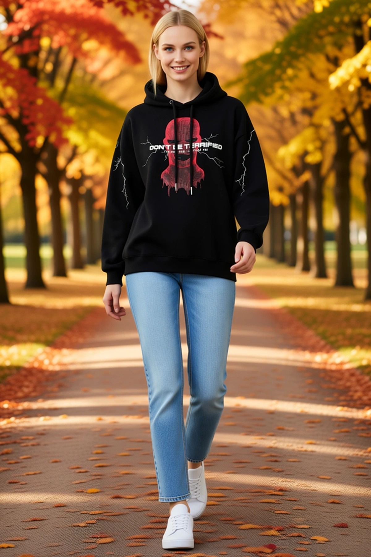 Kadın Üç İplik Kapüşonlu Oversize Sweatshirt Sırt Baskılı Şimşek Detaylı Maskeli Grafik Kışlık Rahat