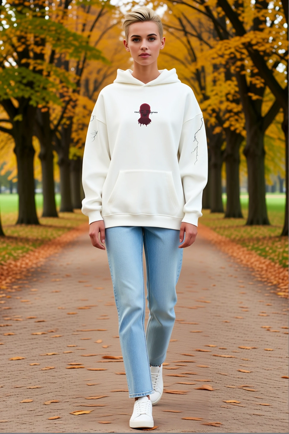 Kadın Üç İplik Oversize Kapüşonlu Sweatshirt Maske Grafikli Arka Baskı Çatlak Çizgi Detaylı Kışlık