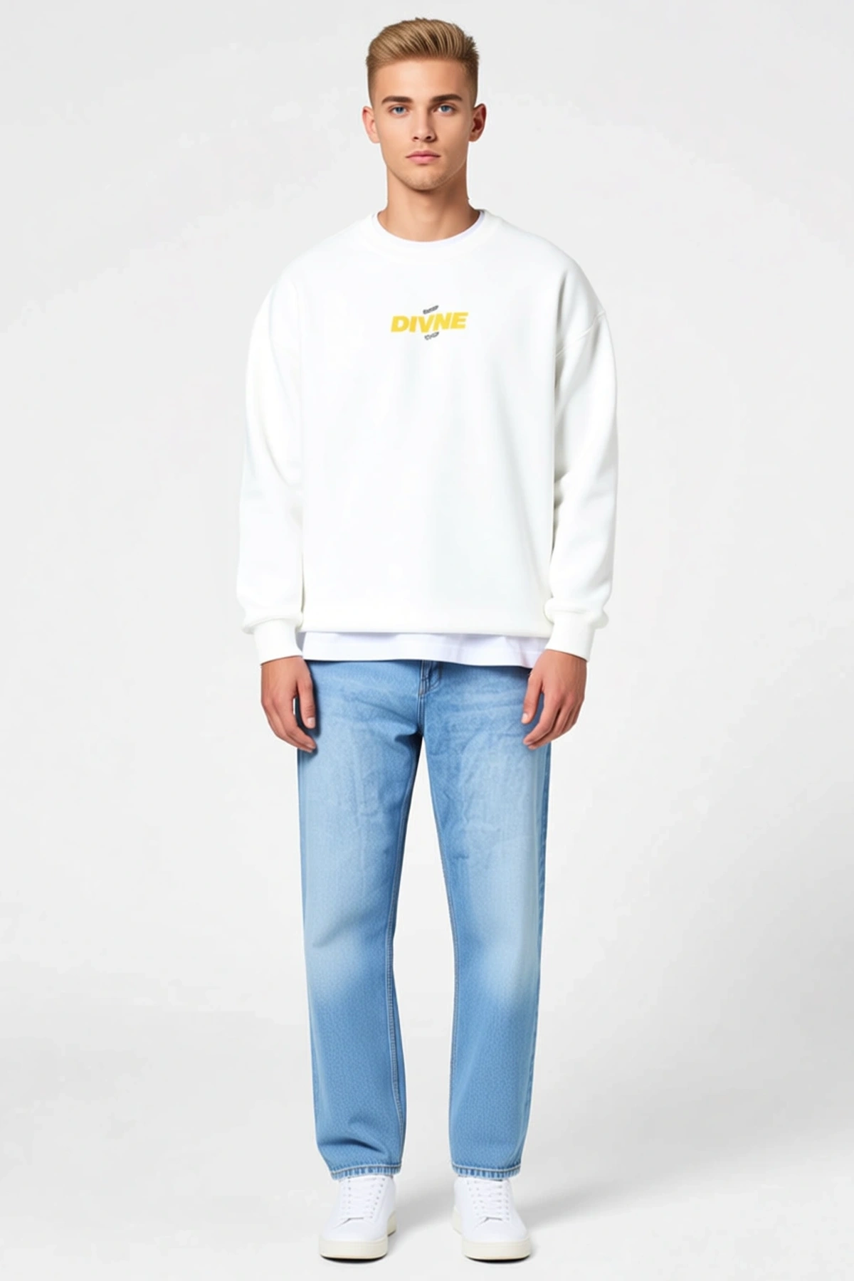 Erkek Kışlık Bisiklet Yaka Oversize Sweatshirt Göğüs Yazı Baskılı Düşük Omuz Geniş Kollu Günlük