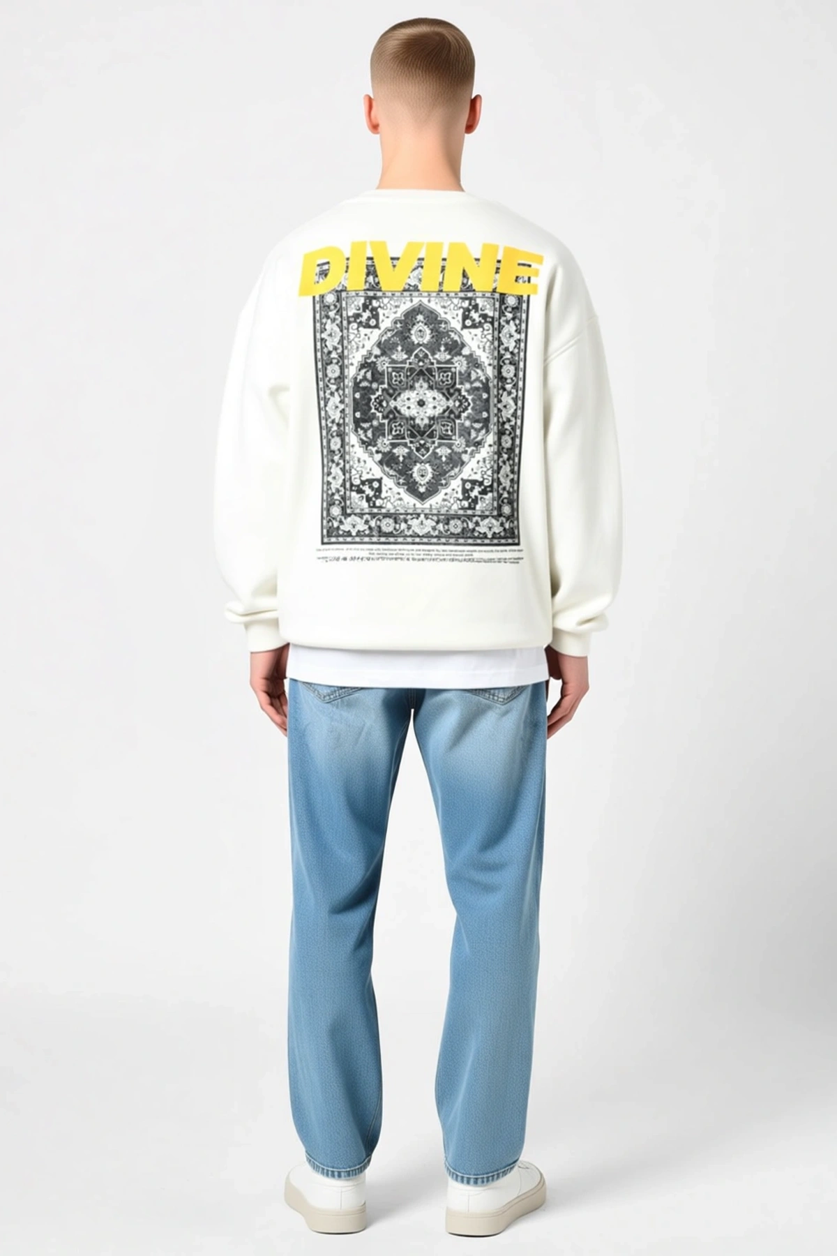 Erkek Kışlık Bisiklet Yaka Oversize Sweatshirt Göğüs Yazı Baskılı Düşük Omuz Geniş Kollu Günlük