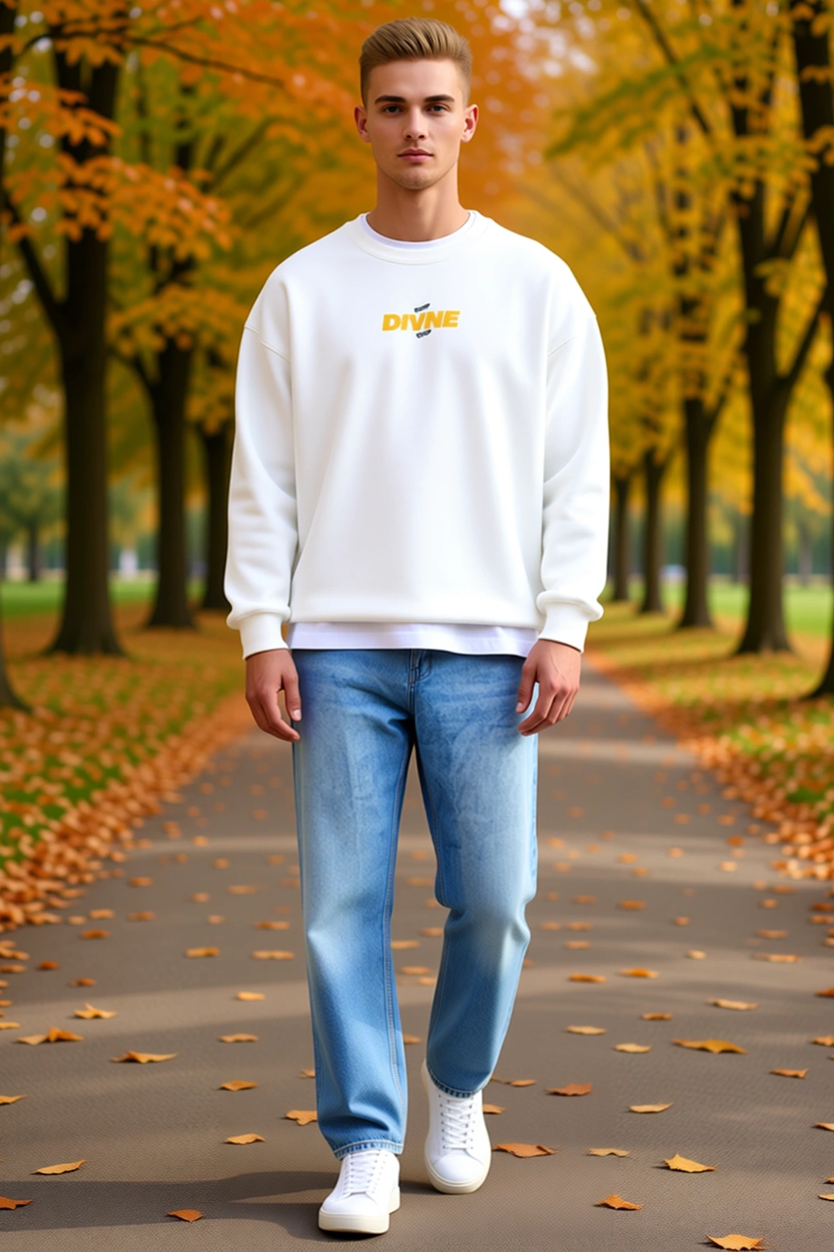 Erkek Kışlık Bisiklet Yaka Oversize Sweatshirt Göğüs Yazı Baskılı Düşük Omuz Geniş Kollu Günlük