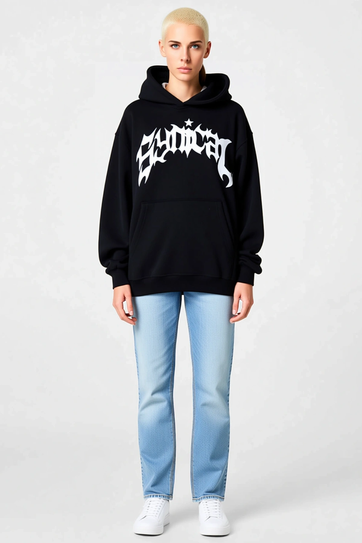 Kadın Üç İplik Kapşonlu Baskılı Oversize Sweatshirt Kanguru Cepli Rib Manşetli Rahat Günlük Kesim