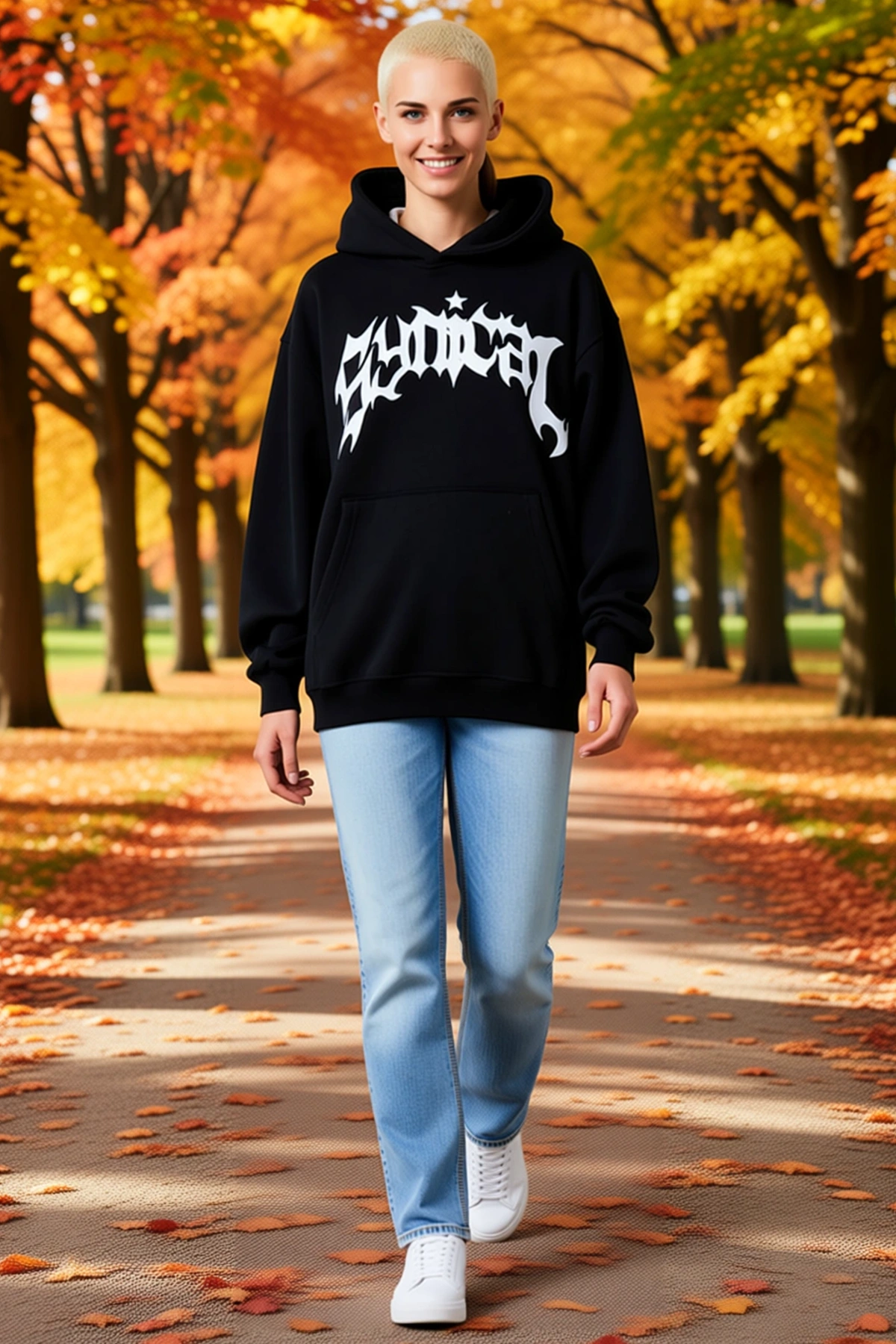 Kadın Üç İplik Kapşonlu Baskılı Oversize Sweatshirt Kanguru Cepli Rib Manşetli Rahat Günlük Kesim